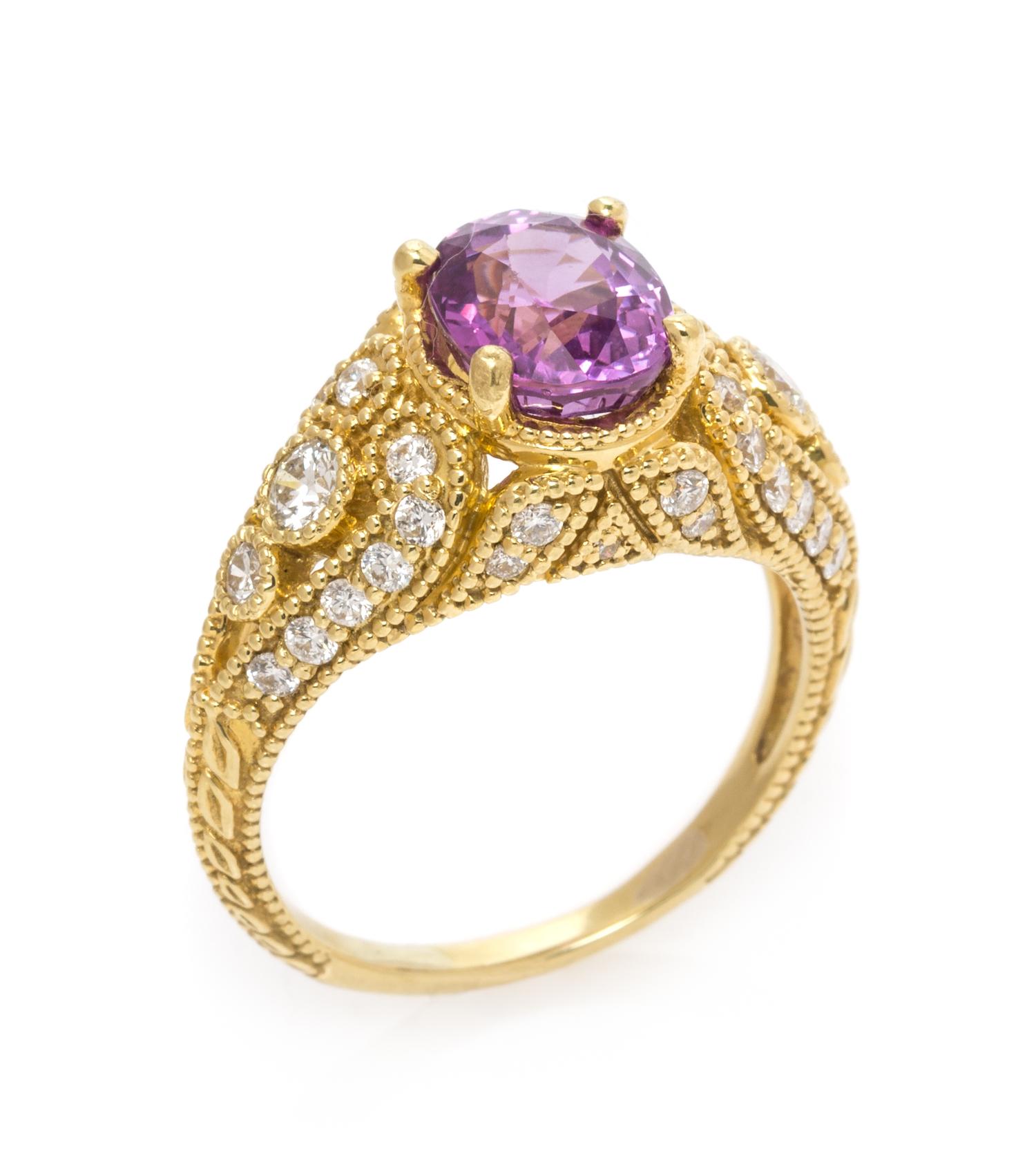 An 18 Karat Yellow Gold, Purple-Pink Ceylon Sapphire and Diamond Ring, 4.80 dwts.