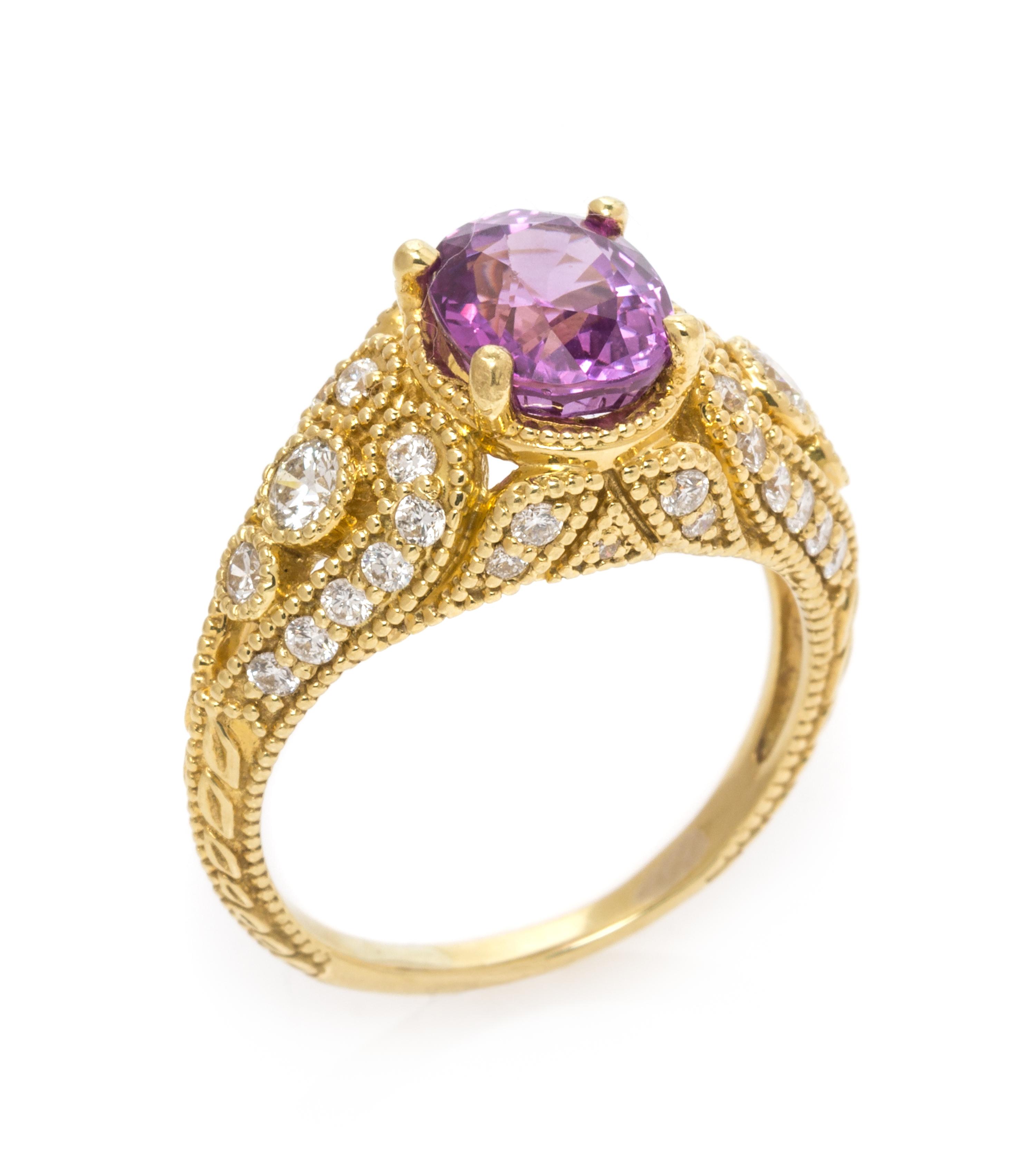 An 18 Karat Yellow Gold, Purple-Pink Ceylon Sapphire and Diamond Ring, 4.80 dwts.