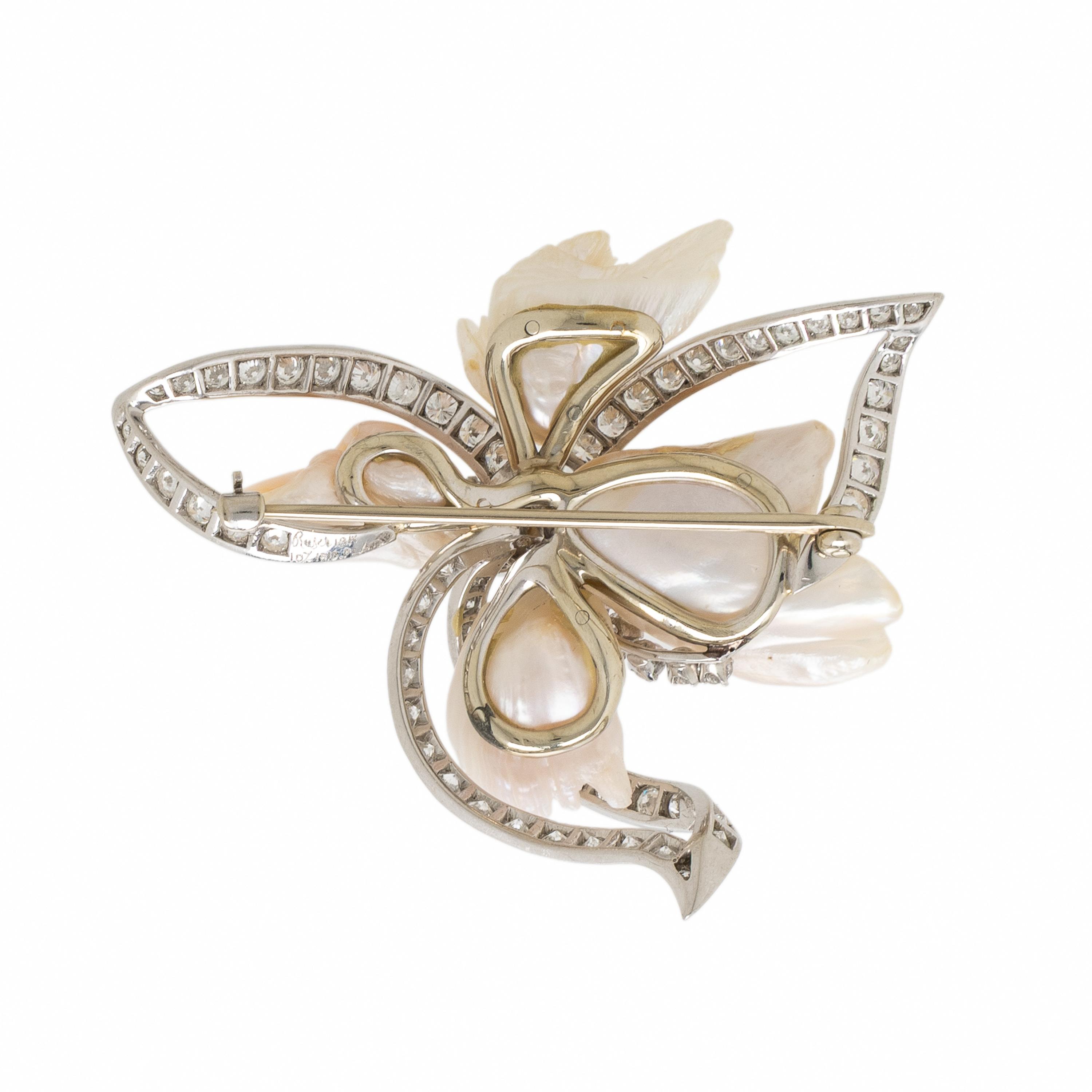 Ruser, Baroque Cultured Pearl, Diamond, White Gold, and Platinum Brooch