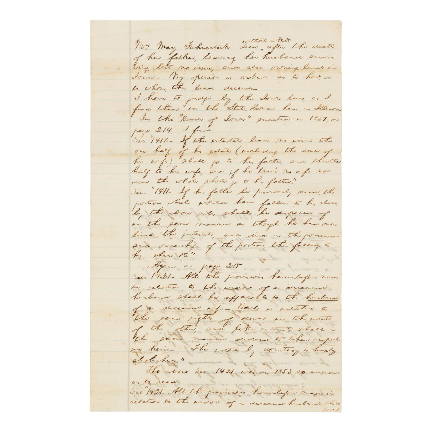 LINCOLN, Abraham (1809-1865). Autograph legal document signed ("A. Lincoln") in the case of Mary Fahnestock, Springfield, 20 July 1857.
