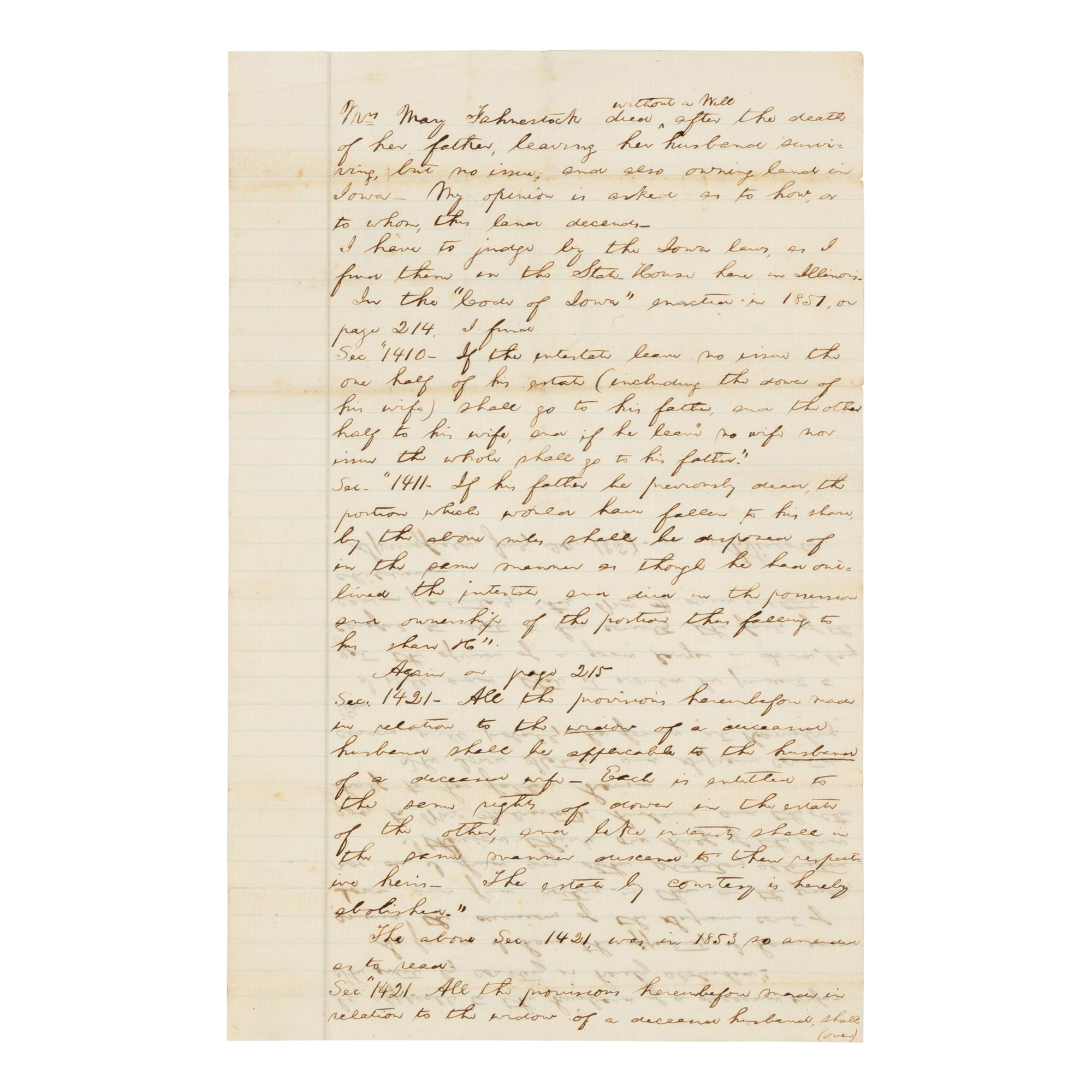 LINCOLN, Abraham (1809-1865). Autograph legal document signed ("A. Lincoln") in the case of Mary Fahnestock, Springfield, 20 July 1857.