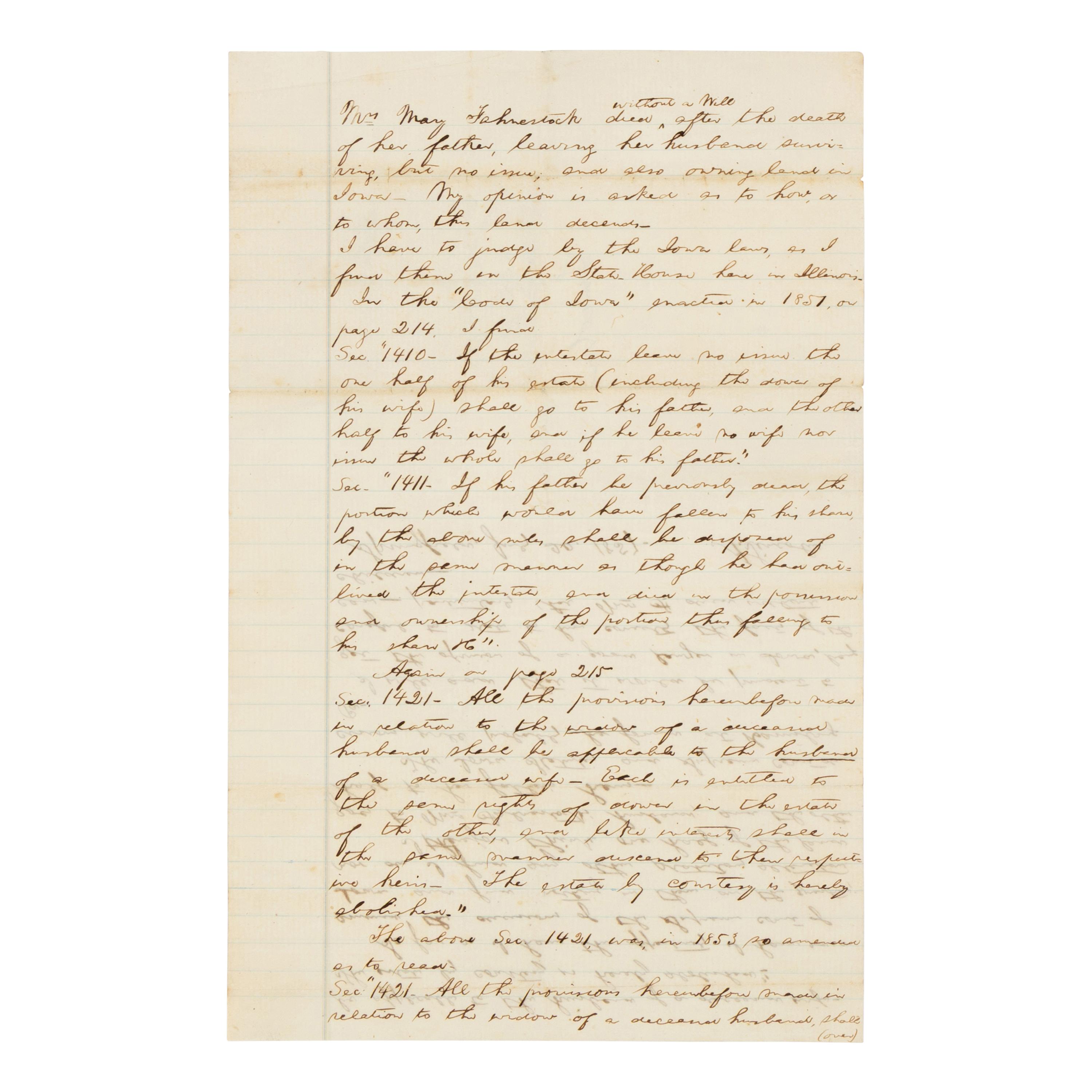 LINCOLN, Abraham (1809-1865). Autograph legal document signed ("A. Lincoln") in the case of Mary Fahnestock, Springfield, 20 July 1857.