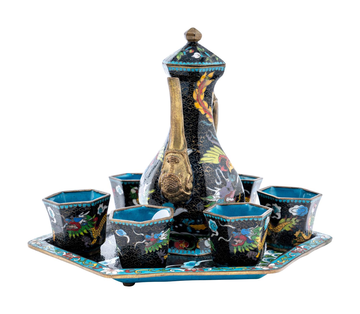 A Set of Eight Chinese Cloisonné Enamel 'Dragon and Phoenix' Wine Ewer and Cups