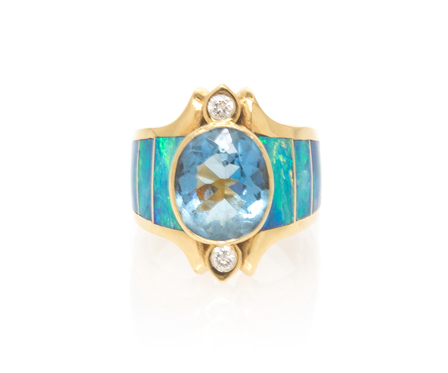An 18 Karat Yellow Gold, Aquamarine, Opal and Diamond Ring, Lisa Mele, 10.85 dwts.