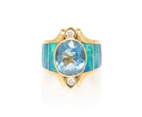 An 18 Karat Yellow Gold, Aquamarine, Opal and Diamond Ring, Lisa Mele, 10.85 dwts.