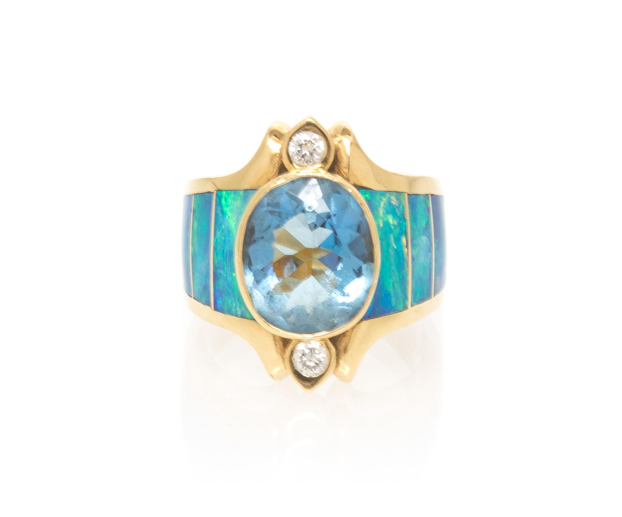 An 18 Karat Yellow Gold, Aquamarine, Opal and Diamond Ring, Lisa Mele, 10.85 dwts.