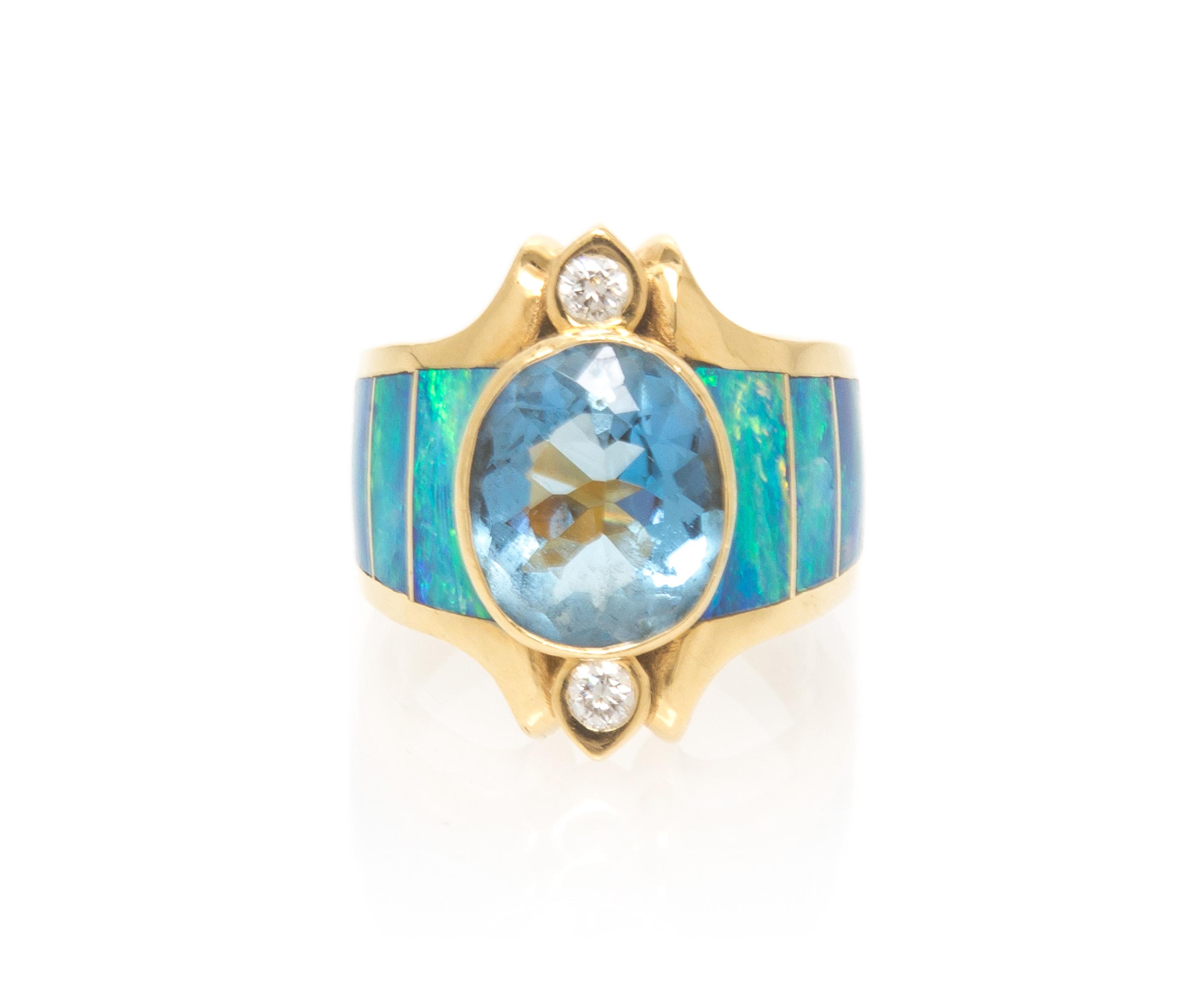 An 18 Karat Yellow Gold, Aquamarine, Opal and Diamond Ring, Lisa Mele, 10.85 dwts.