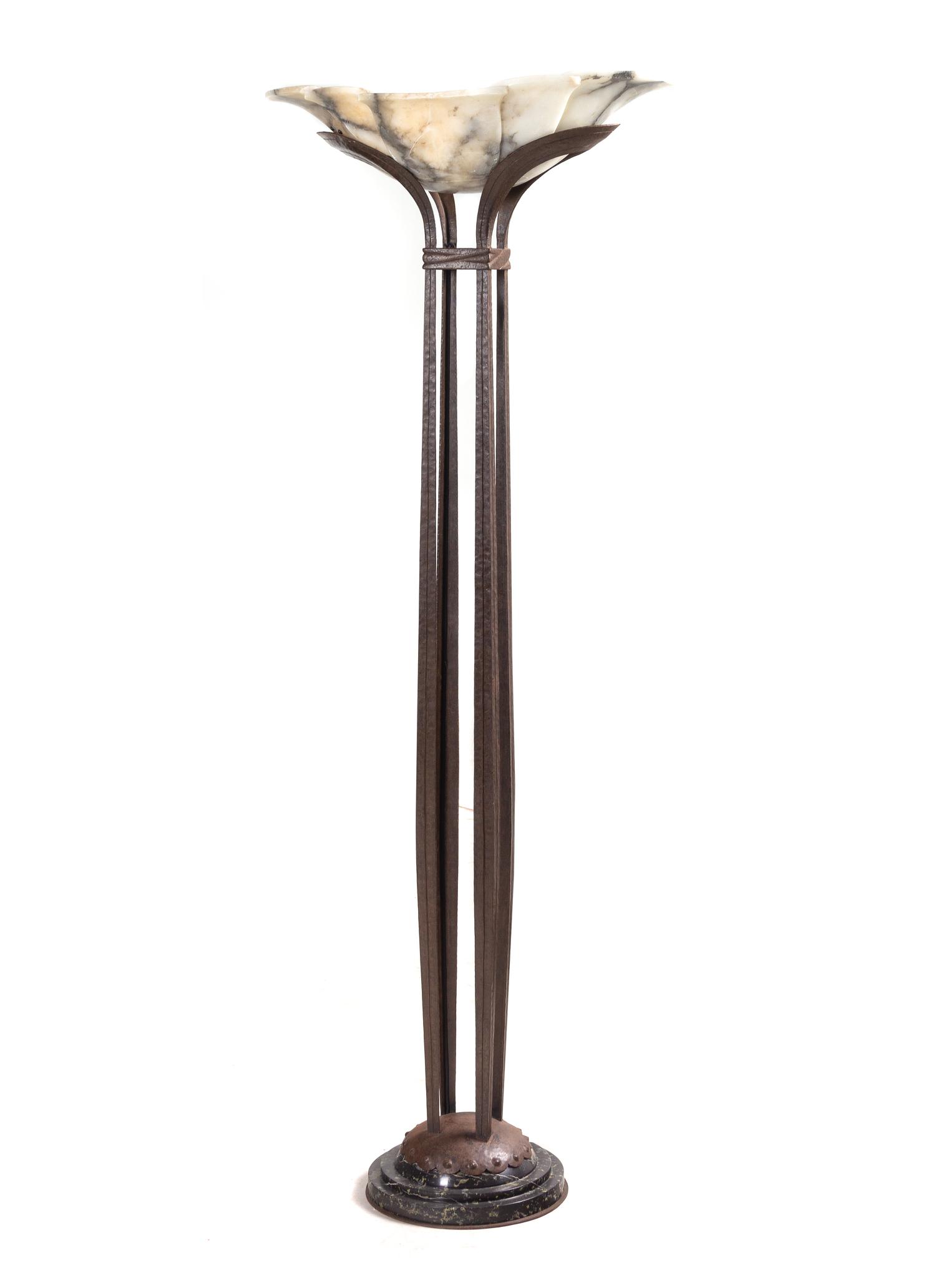 An Art Deco Style Hammered Metal and Alabaster Floor Lamp