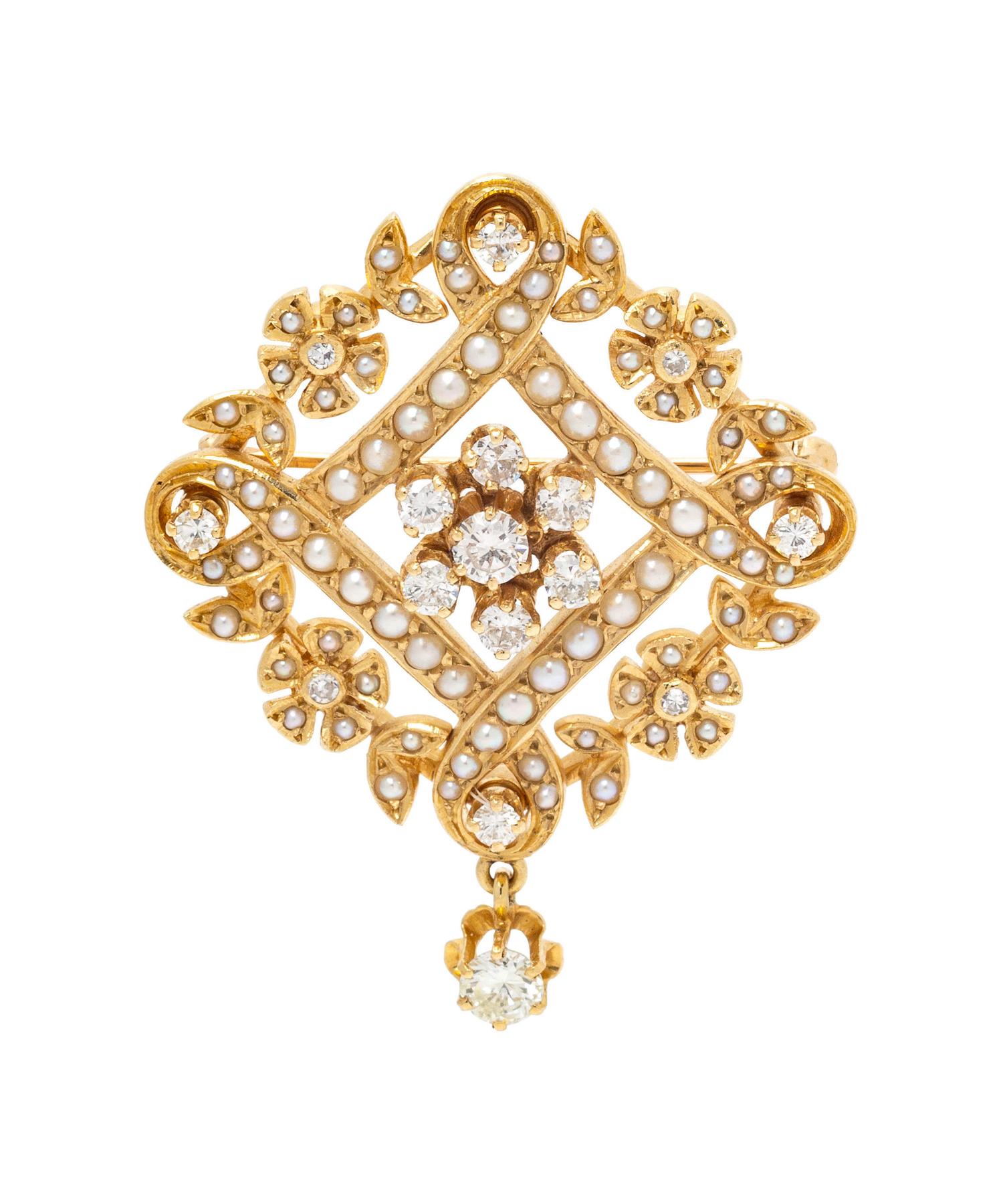 A 14 Karat Yellow Gold, Diamond and Seed Pearl Pendant/Brooch,