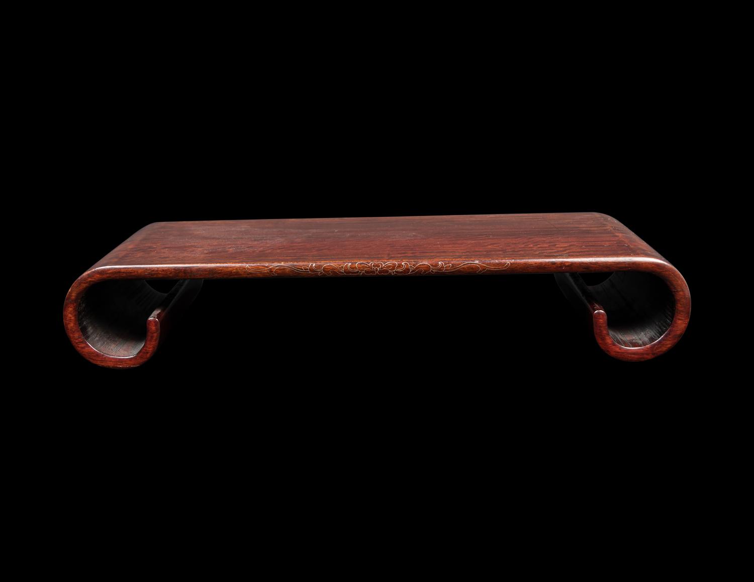 A Chinese Silver Wire Inlaid Scroll-Form Hardwood Stand