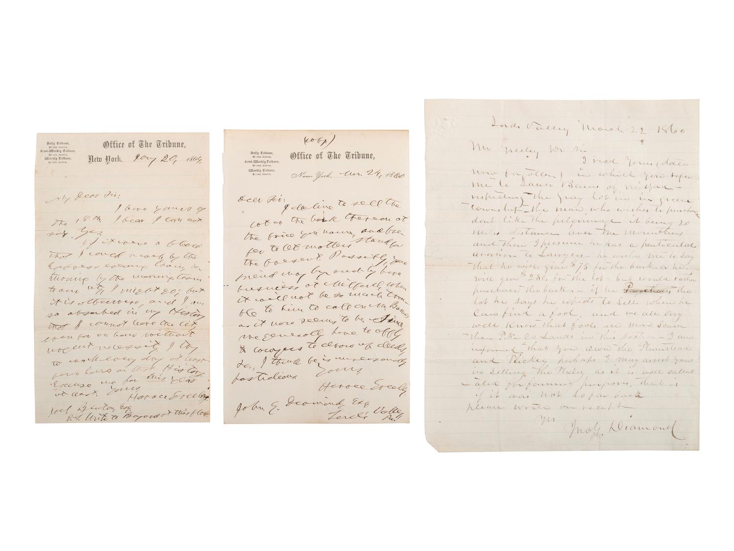 GREELEY, Horace (1811-1872). A group of 2 ALsS, comprising:
