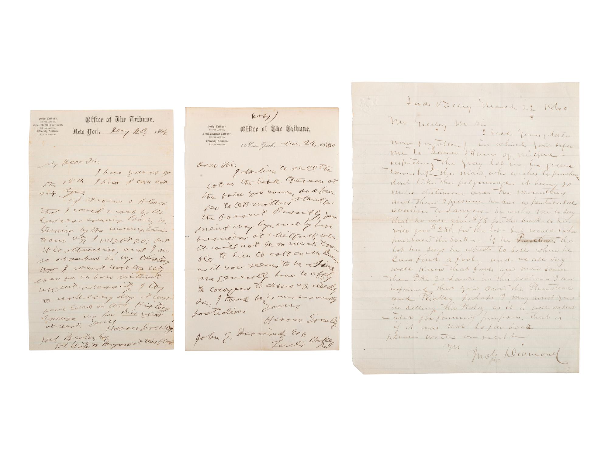 GREELEY, Horace (1811-1872). A group of 2 ALsS, comprising: