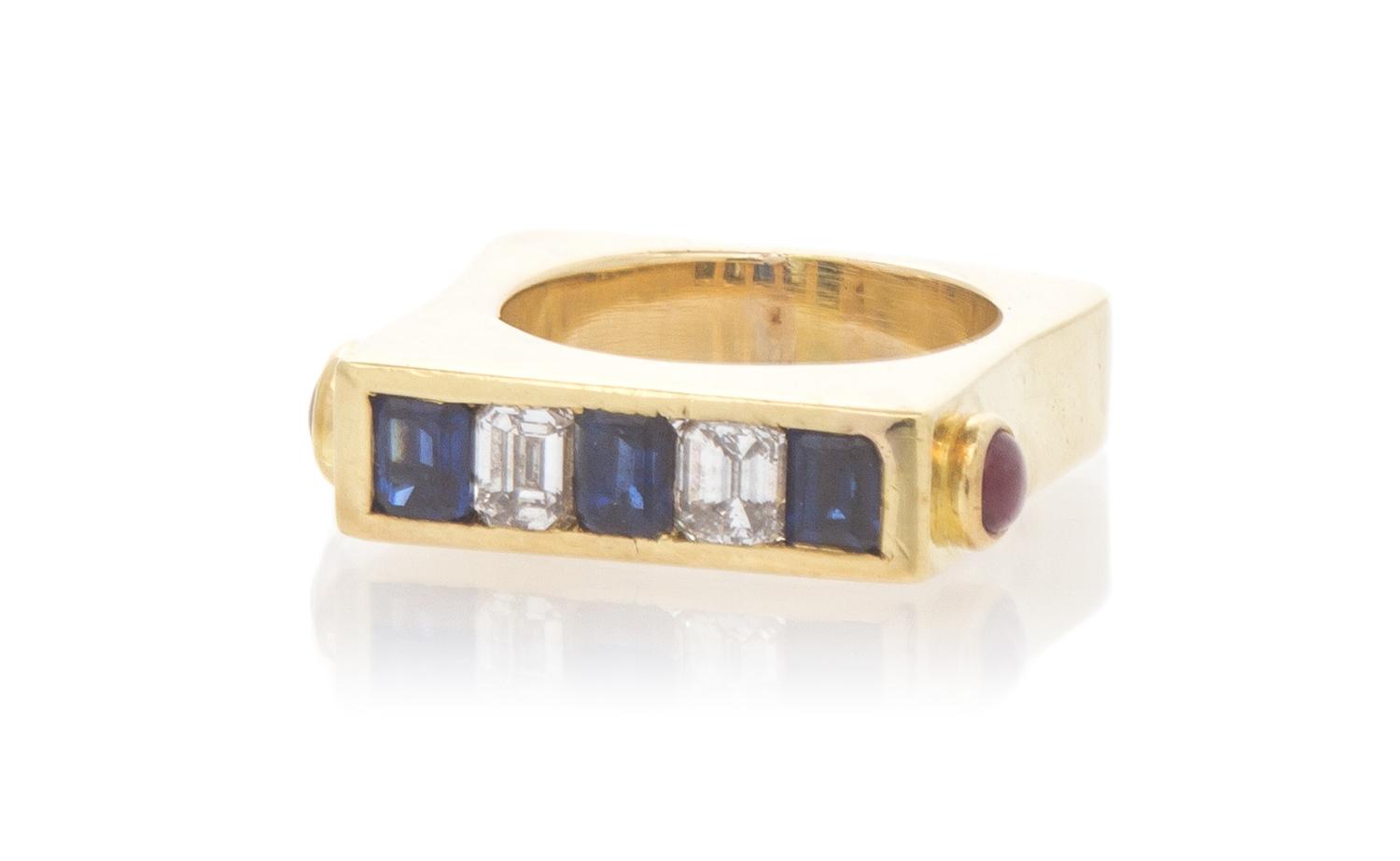 A Yellow Gold, Diamond, Sapphire and Ruby Ring, 7.10 dwts.