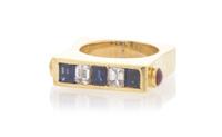 A Yellow Gold, Diamond, Sapphire and Ruby Ring, 7.10 dwts.