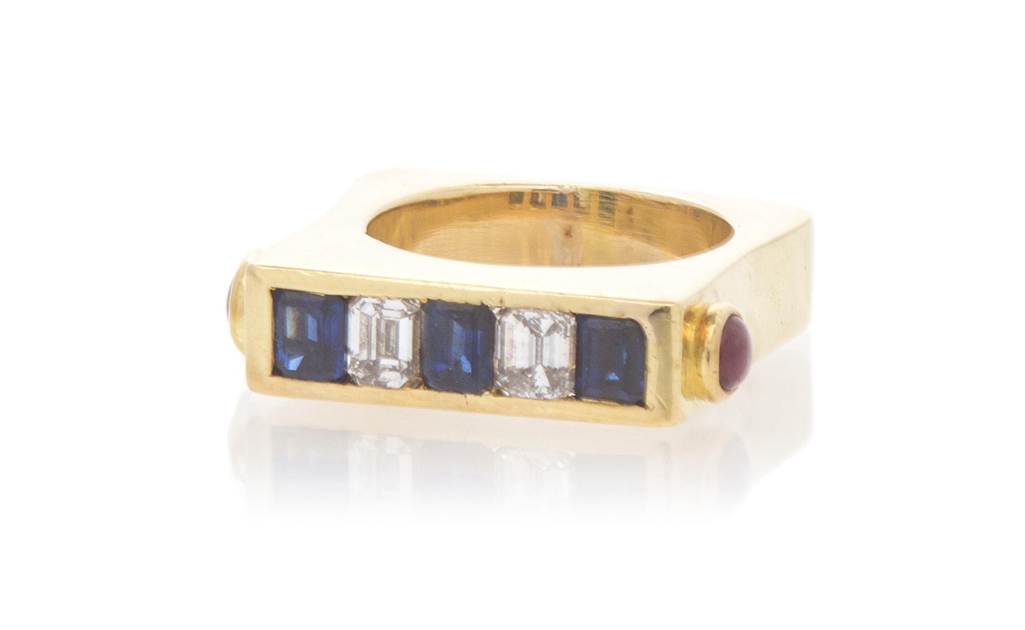 A Yellow Gold, Diamond, Sapphire and Ruby Ring, 7.10 dwts.