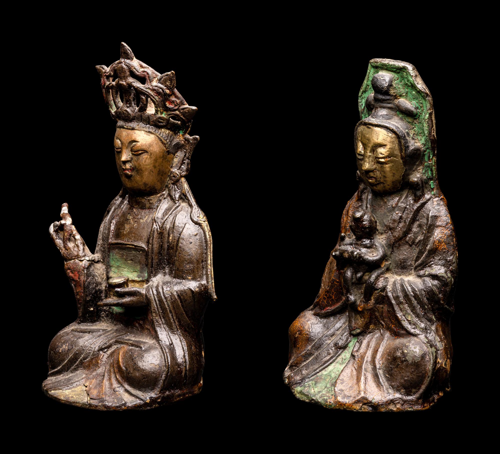 Two Chinese Parcel Gilt Bronze Figures of Guanyin