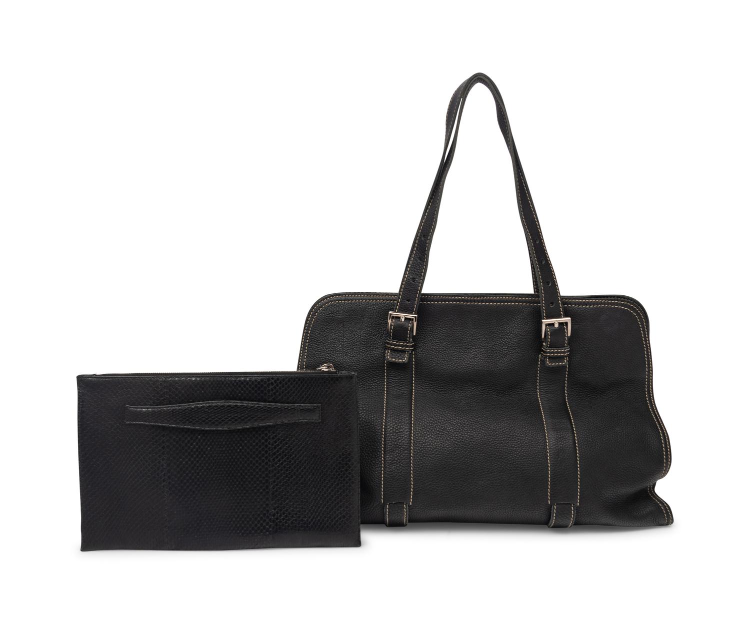 Prada Black Leather Tote and Black Python Zip Clutch