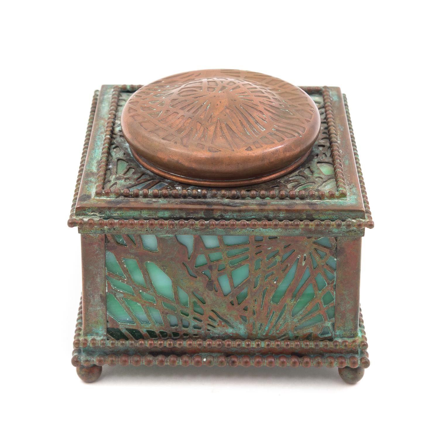 A Tiffany Studios Bronze Inkwell Width 4 1/4 inches.