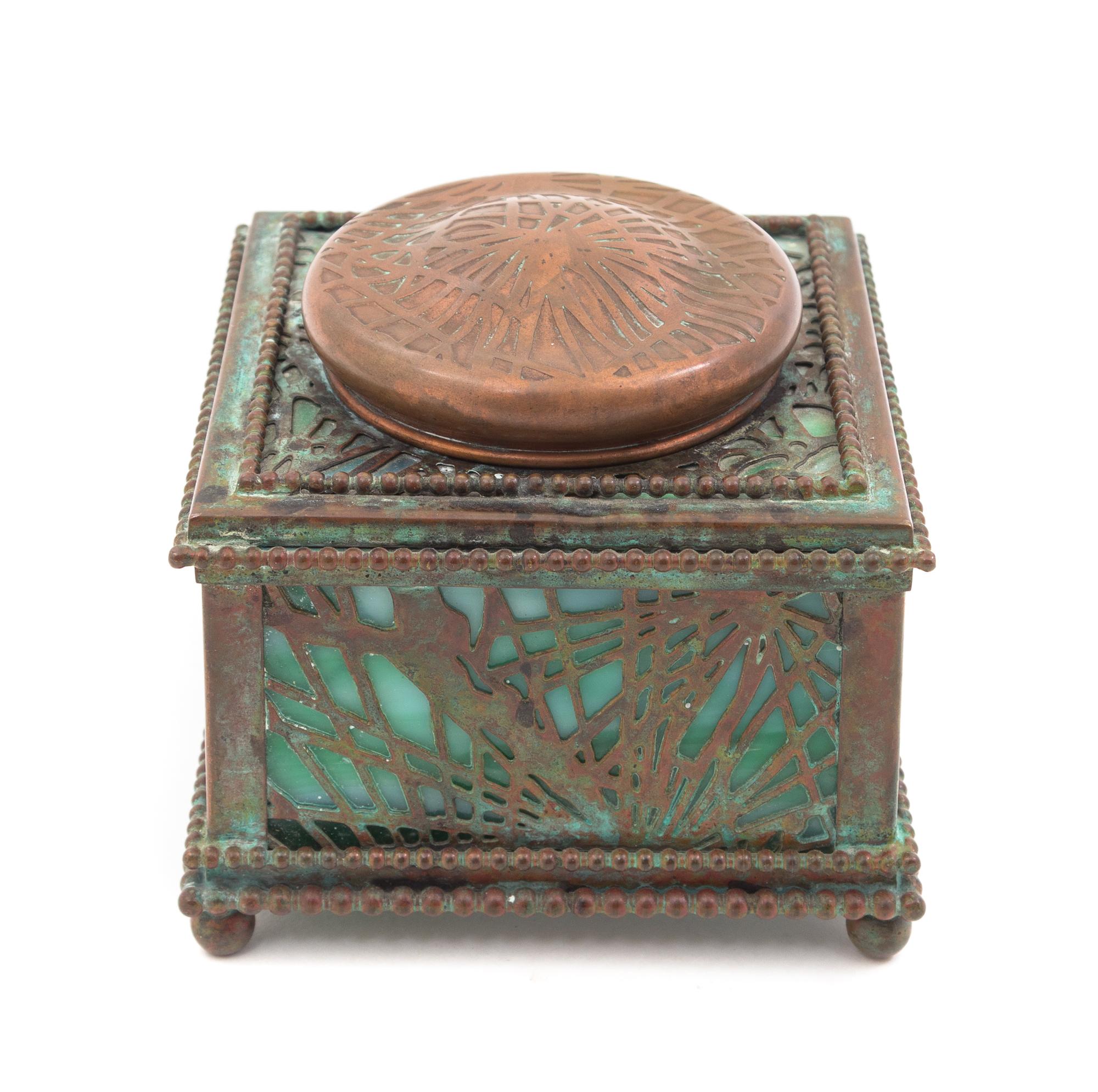 A Tiffany Studios Bronze Inkwell Width 4 1/4 inches.