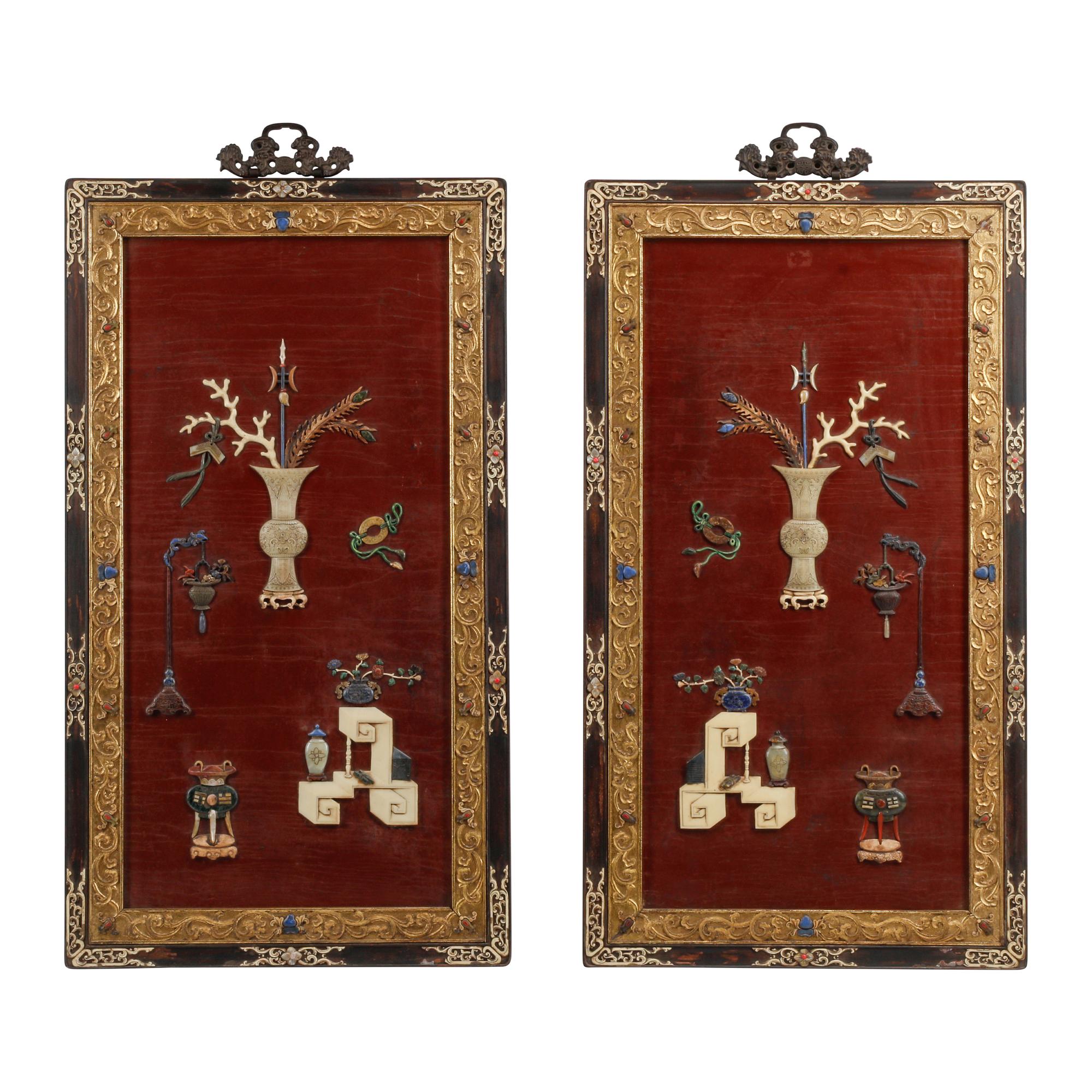 A Pair of Chinese Hardstone Inlaid Lacquer Panels