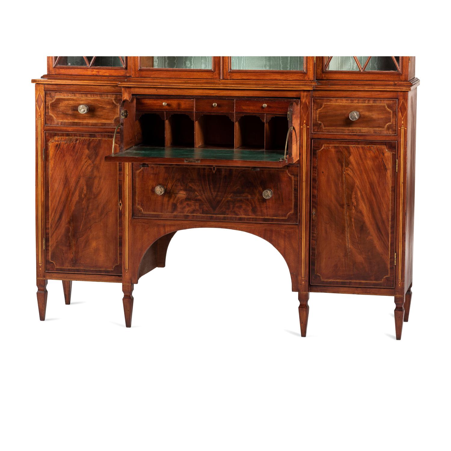A Federal Parcel Gilt Mahogany, Holly and Ebony Breakfront Gentleman's Desk-and-Bookcase