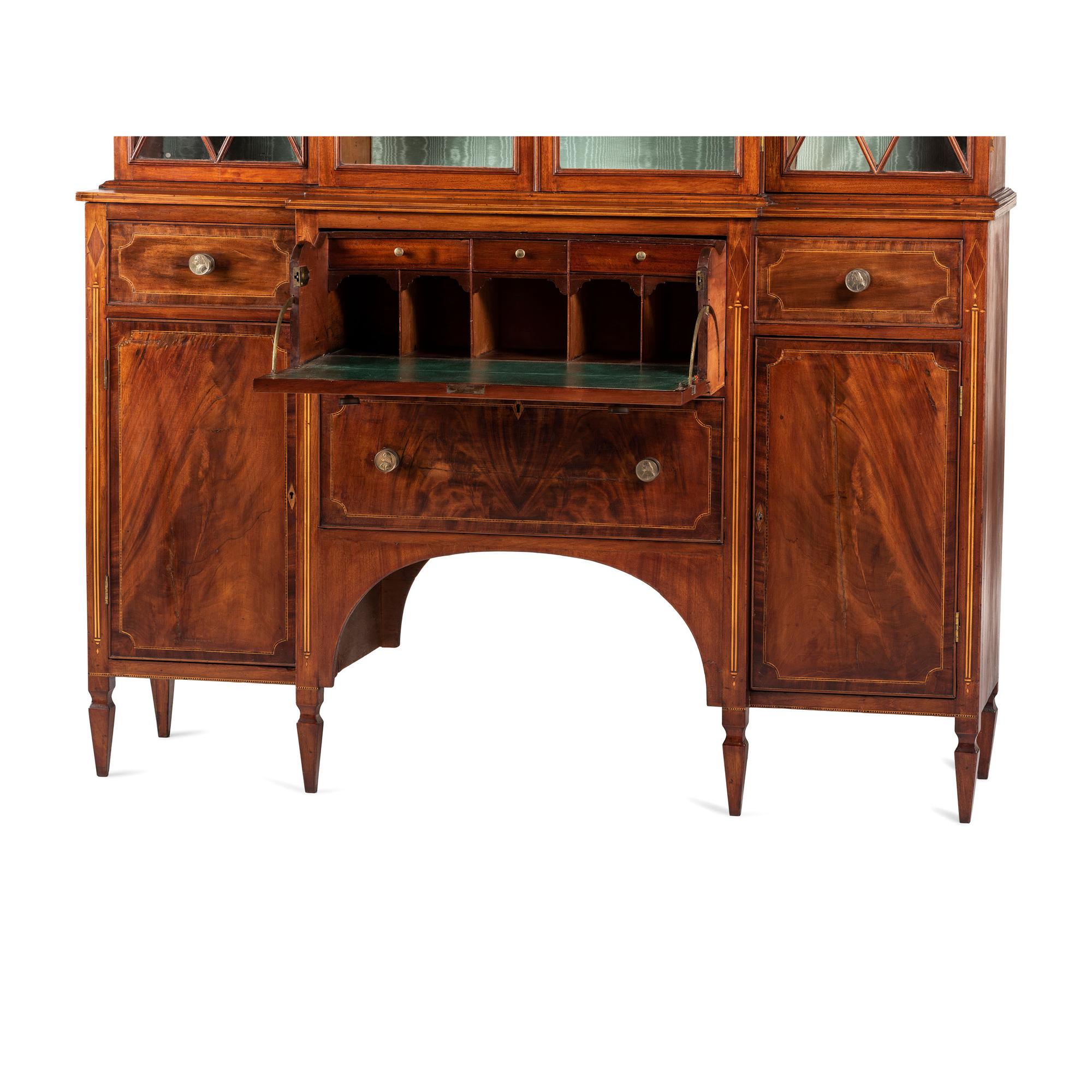 A Federal Parcel Gilt Mahogany, Holly and Ebony Breakfront Gentleman's Desk-and-Bookcase