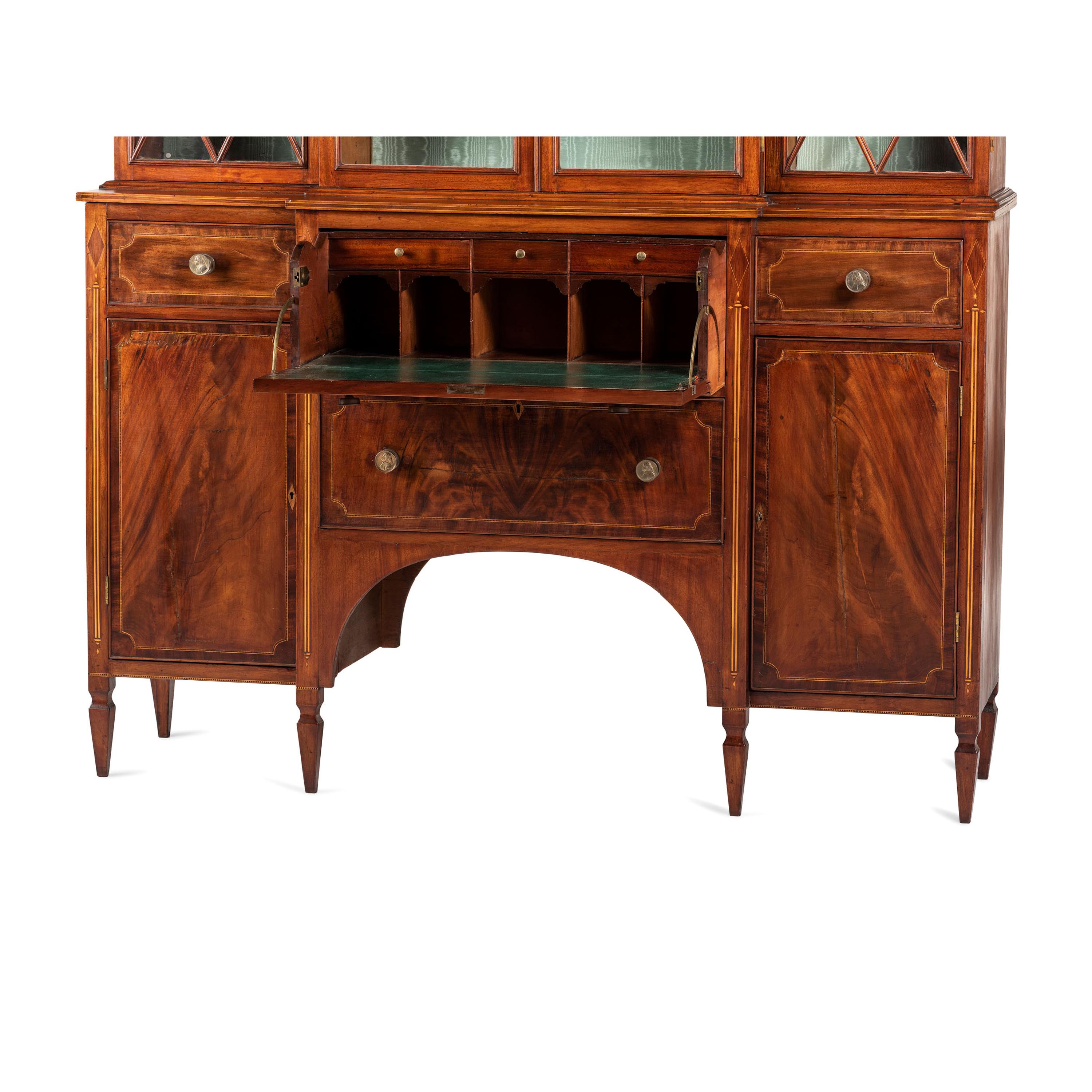 A Federal Parcel Gilt Mahogany, Holly and Ebony Breakfront Gentleman's Desk-and-Bookcase