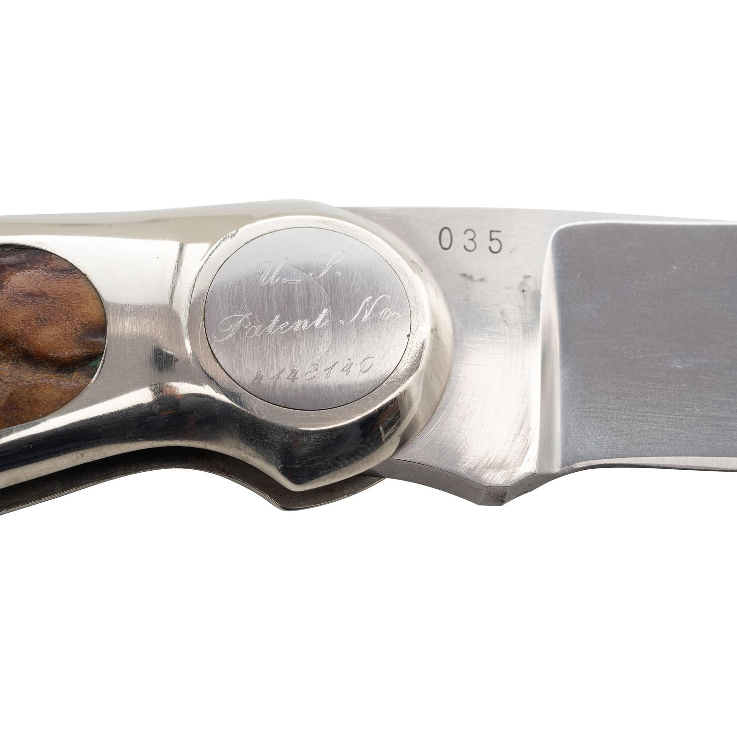 Jimmy Lile Button Lock Folding Knife with Staghorn Grips, No Dot Mark, and Engraved Patent Mark