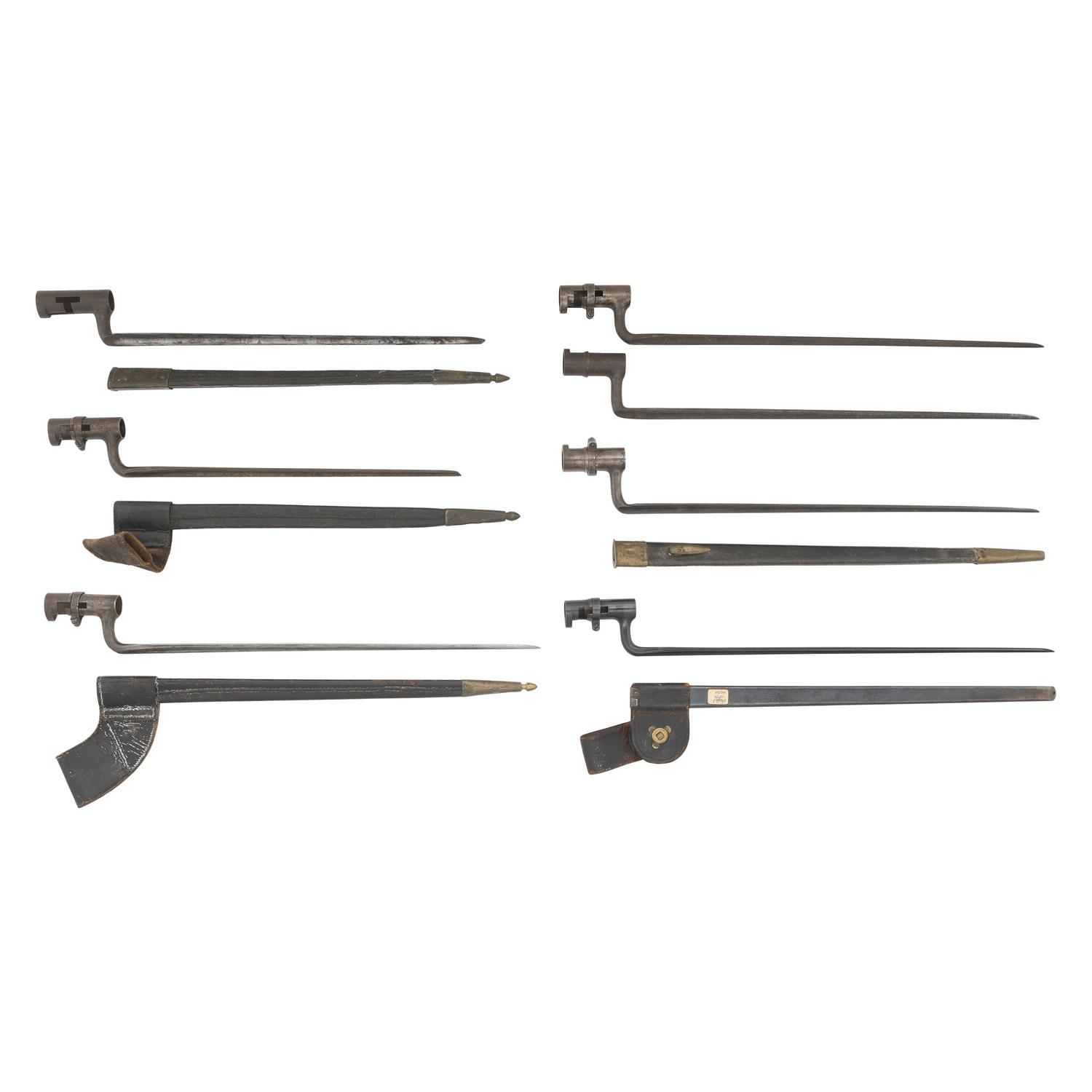 Lot of Seven 19th Century U.S. Socket Bayonets with Five Scabbards, Pre-Civil War to Indian Wars