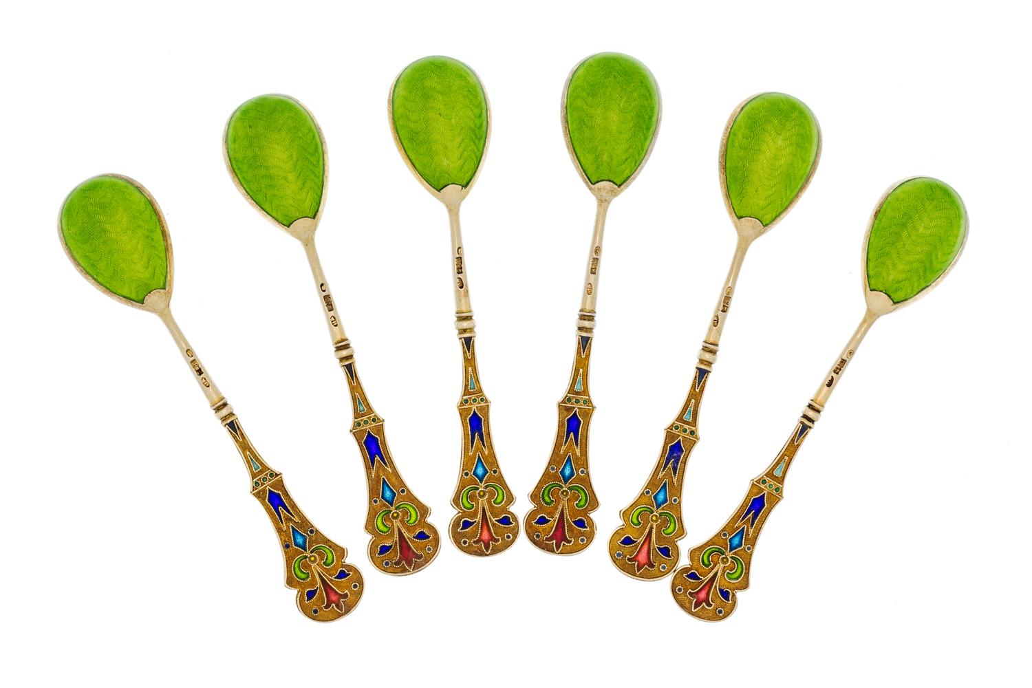 A Set of Six Russian Silver-Gilt Guilloche and Plique-a-Jour Enamel Demitasse Spoons, Mark of 11th Artel, Moscow, early 20th century, e