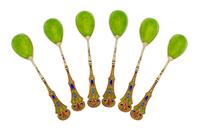 A Set of Six Russian Silver-Gilt Guilloche and Plique-a-Jour Enamel Demitasse Spoons, Mark of 11th Artel, Moscow, early 20th century, e