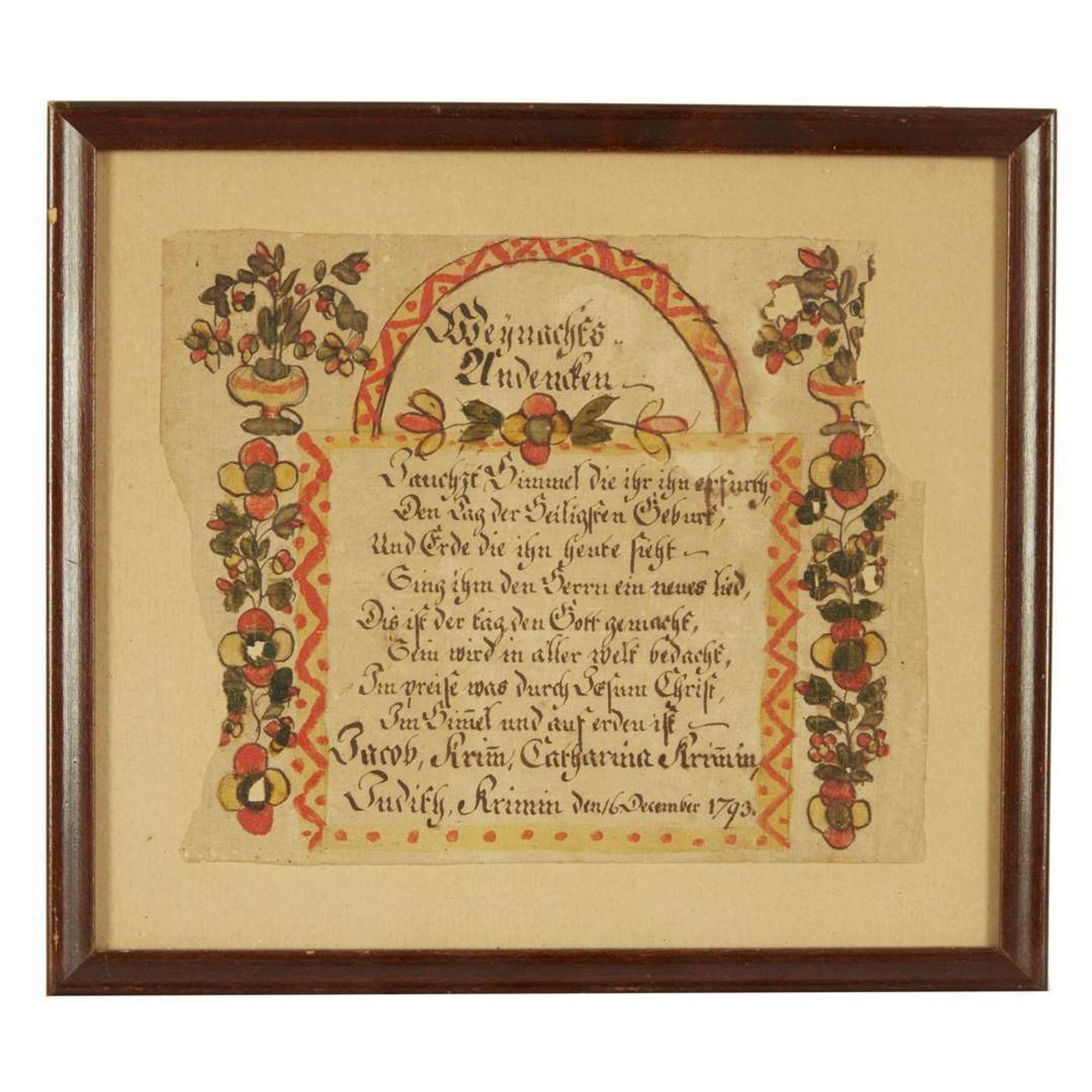 Attributed to the Blowsey Angel Artist Two fraktur for Judith Krim, dated "1793," Northampton County, PA