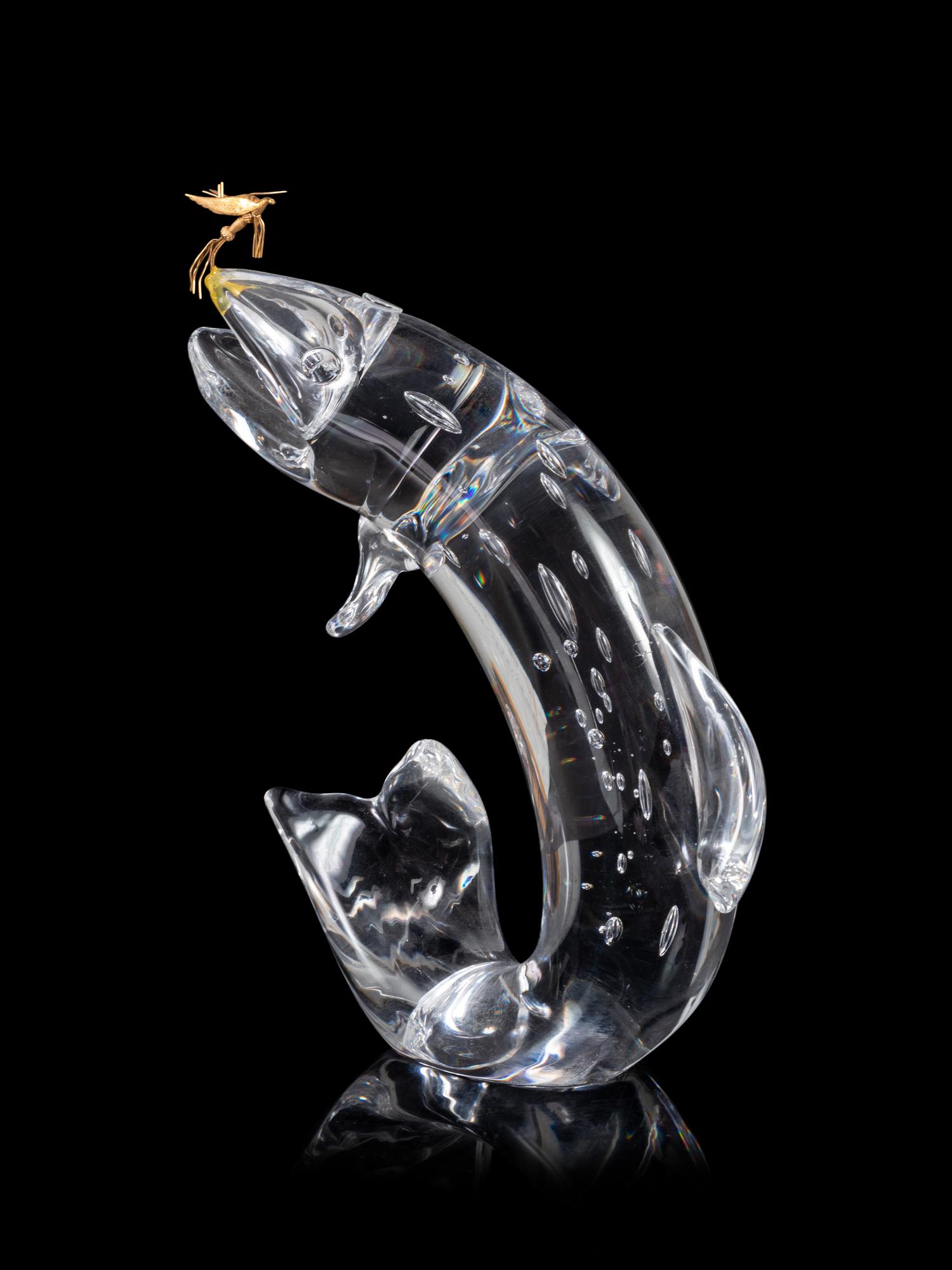A Steuben Trout and Fly Glass Sculpture