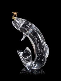 A Steuben Trout and Fly Glass Sculpture