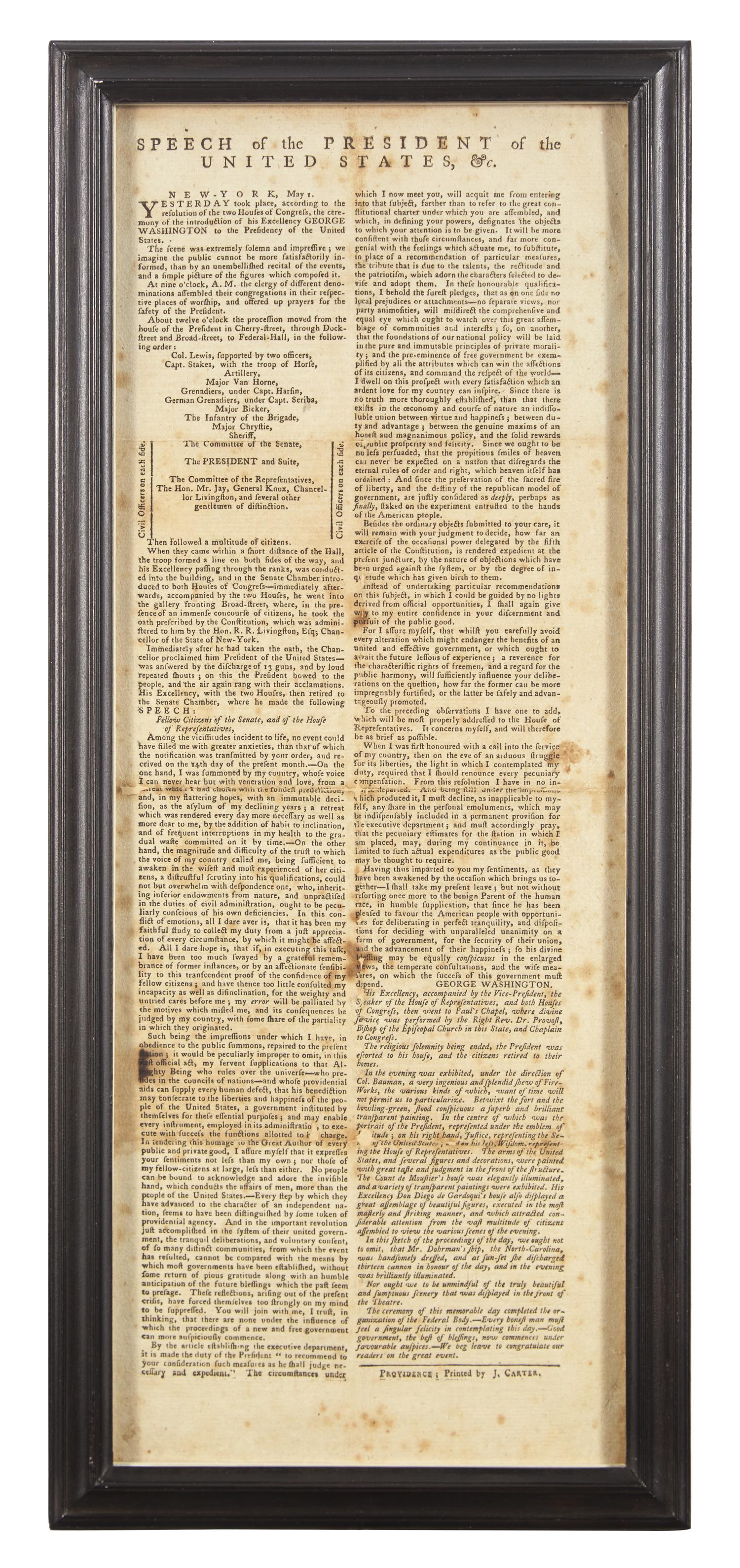 [Washington, George] Printed Broadside of Washington's First Inaugural Speech