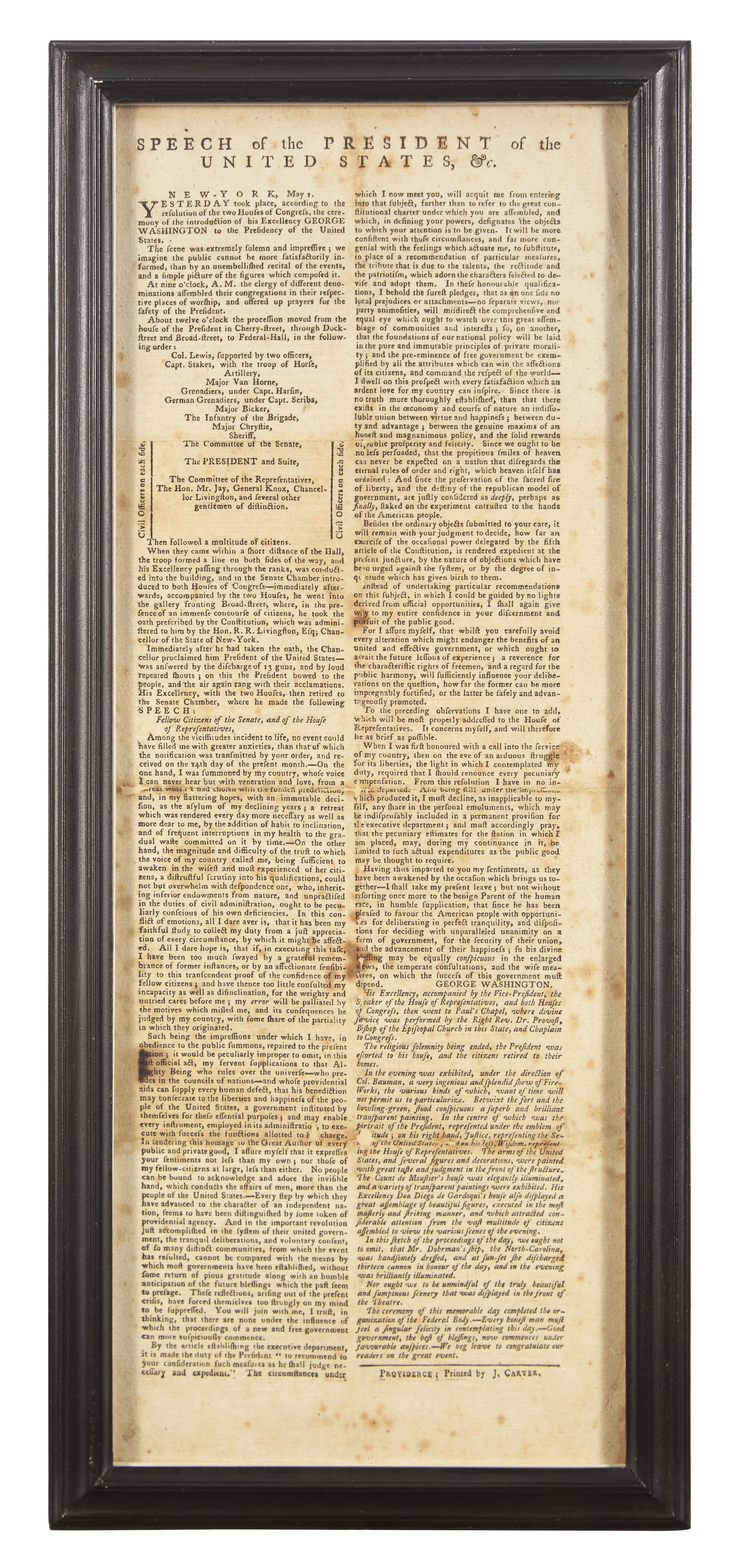 [Washington, George] Printed Broadside of Washington's First Inaugural Speech