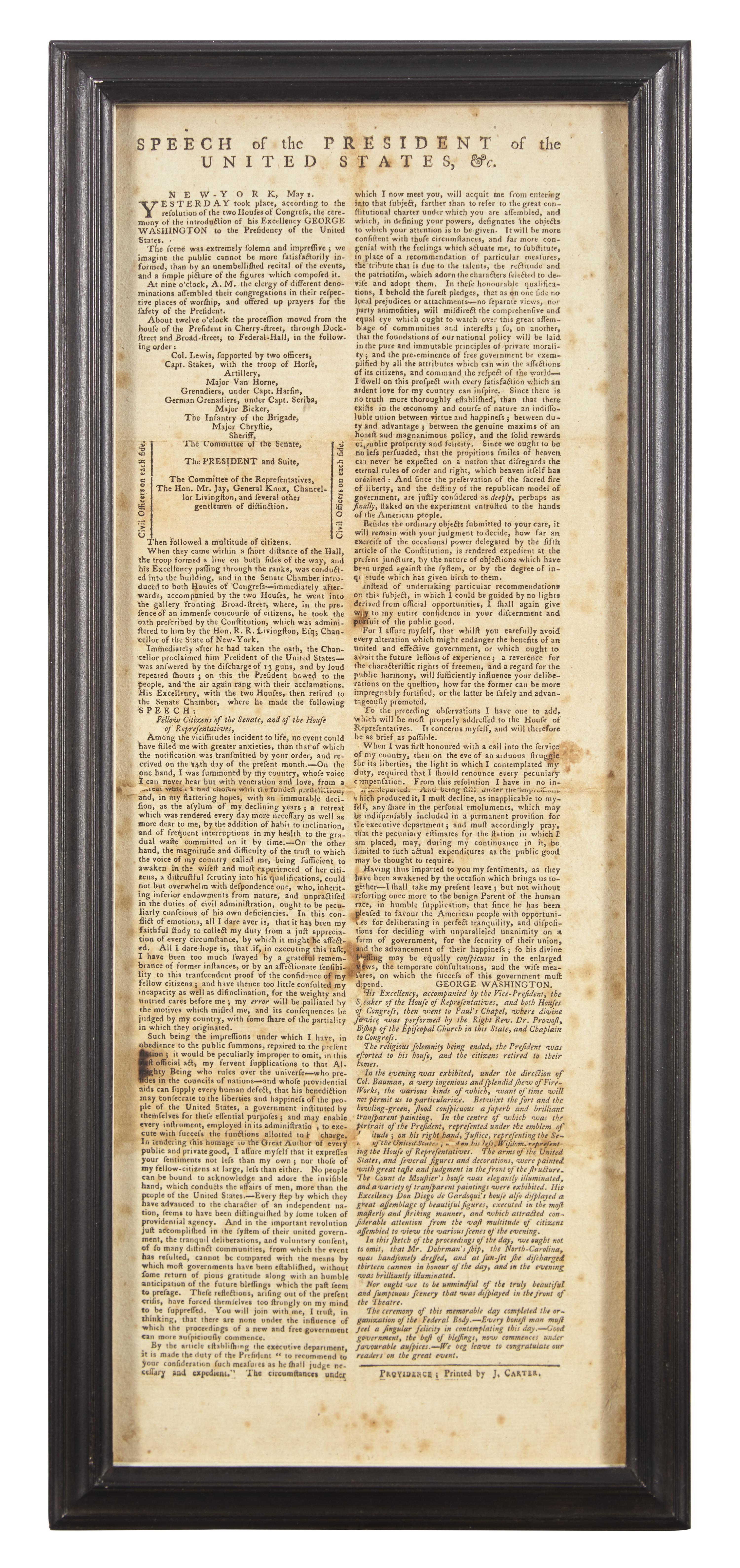 [Washington, George] Printed Broadside of Washington's First Inaugural Speech