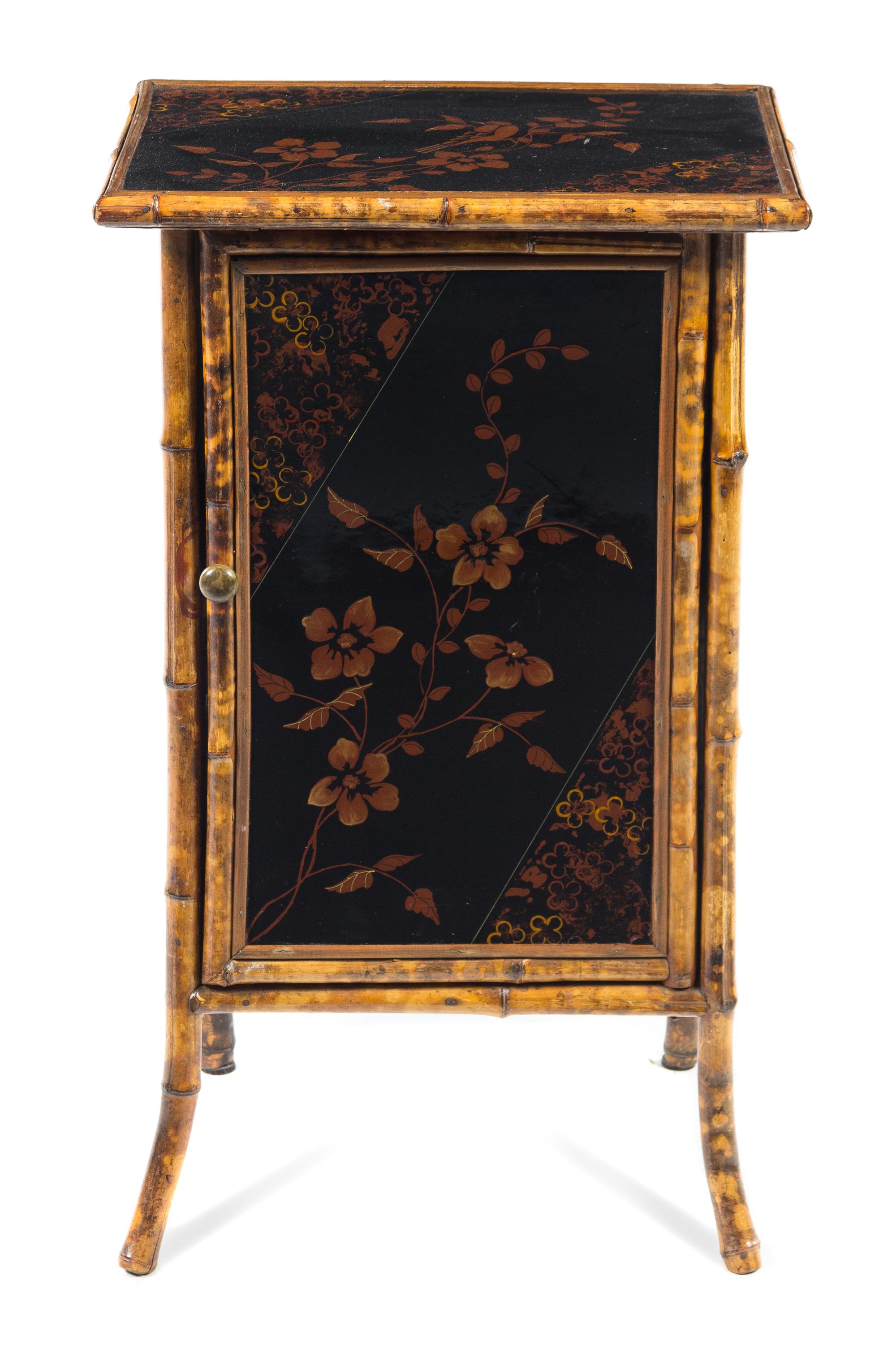 An English Lacquered Bamboo Cabinet Height 29 1/4 x width 18 x depth 13 1/2 inches. — 19TH CENTURY