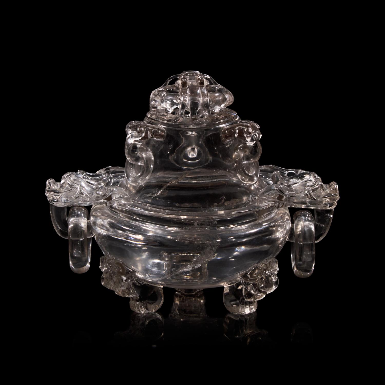A Chinese Rock Crystal Censer and Openwork Cover, Early 20th Century 晚清-民國 水晶鏤空龍紋銜環三足香爐