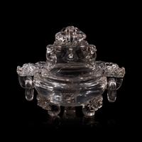 A Chinese Rock Crystal Censer and Openwork Cover, Early 20th Century 晚清-民國 水晶鏤空龍紋銜環三足香爐