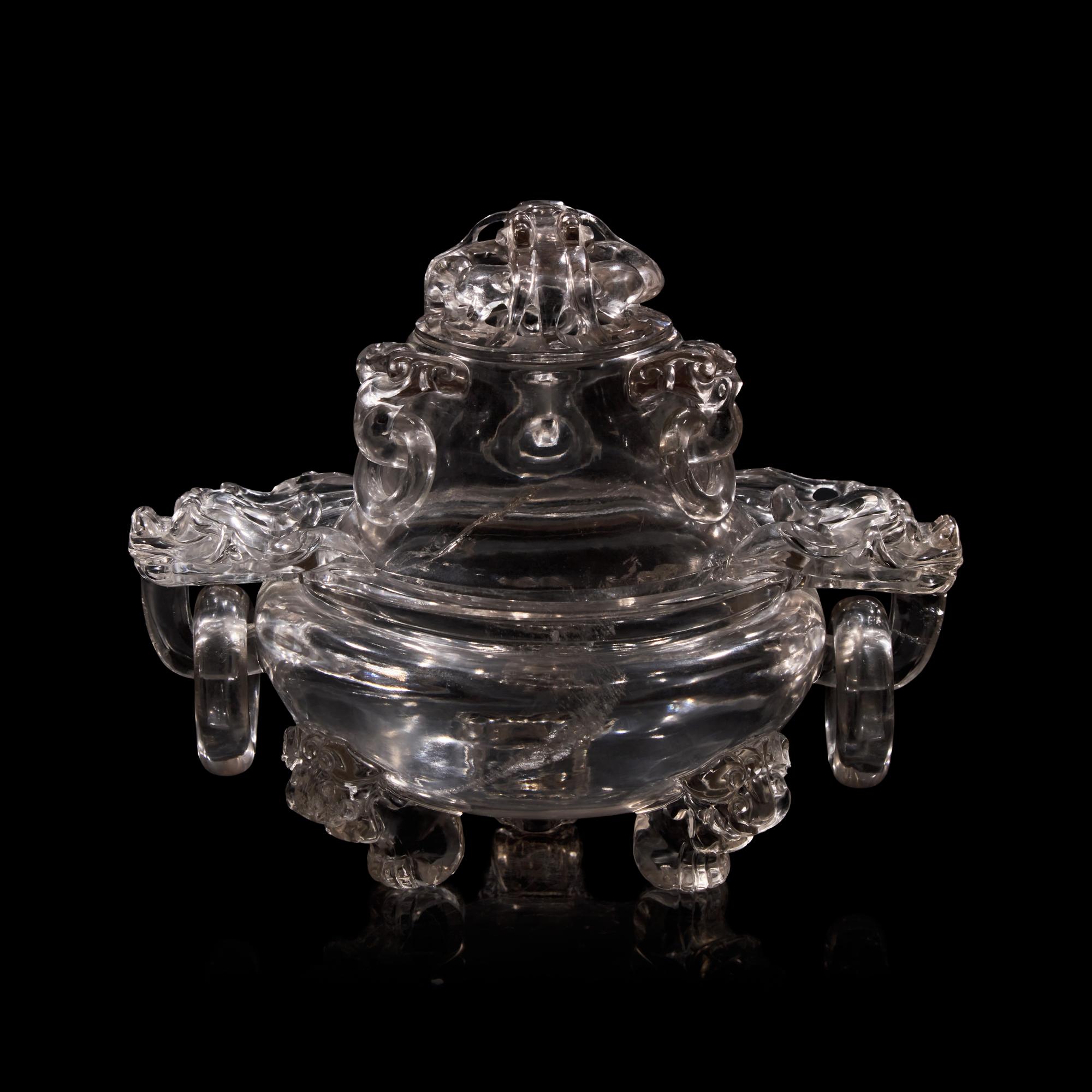 A Chinese Rock Crystal Censer and Openwork Cover, Early 20th Century 晚清-民國 水晶鏤空龍紋銜環三足香爐