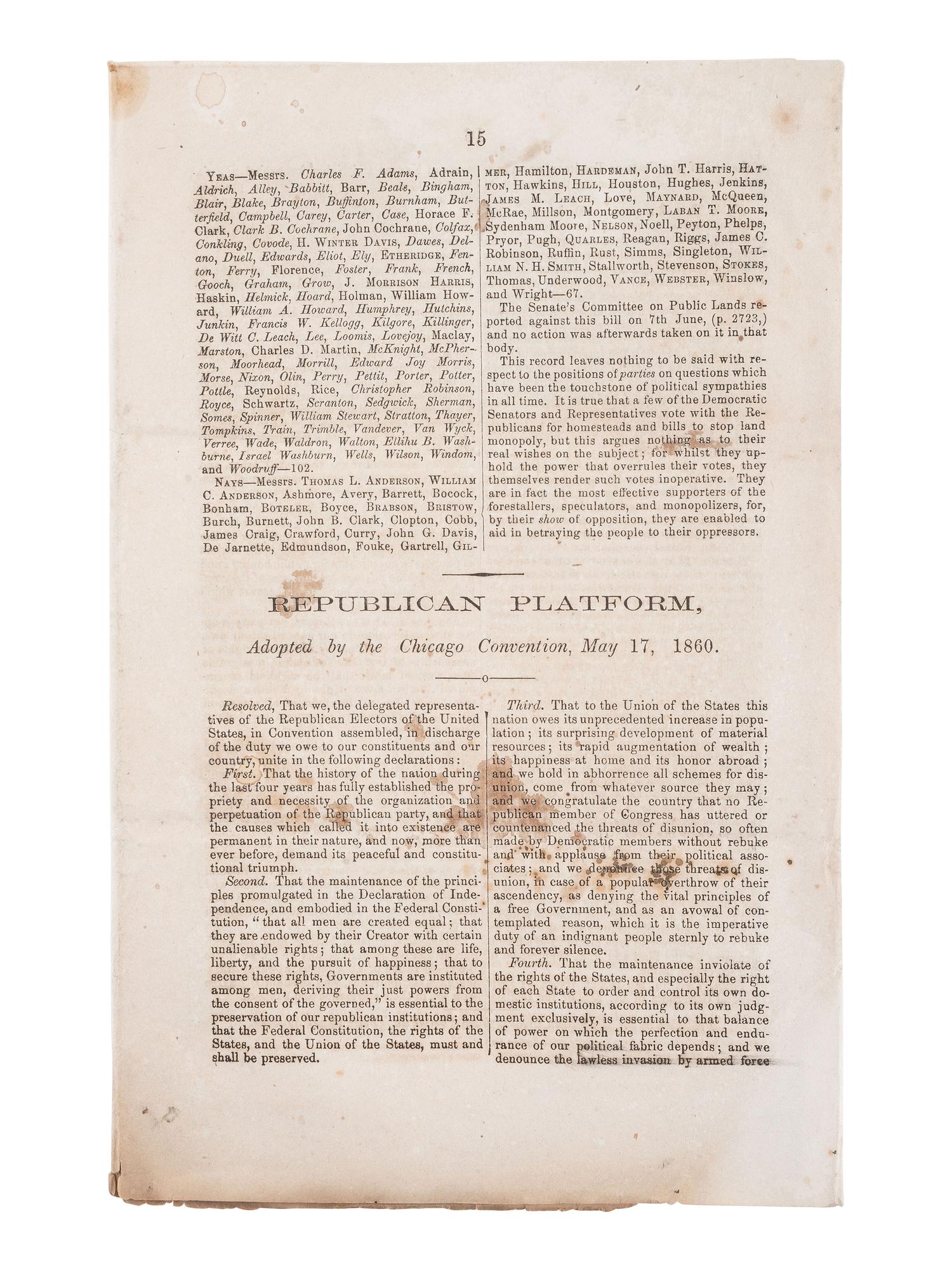 [POLITICS] -- [AFRICAN AMERICANA]. Republican Platform, Adopted by the Chicago Convention, May 1860.