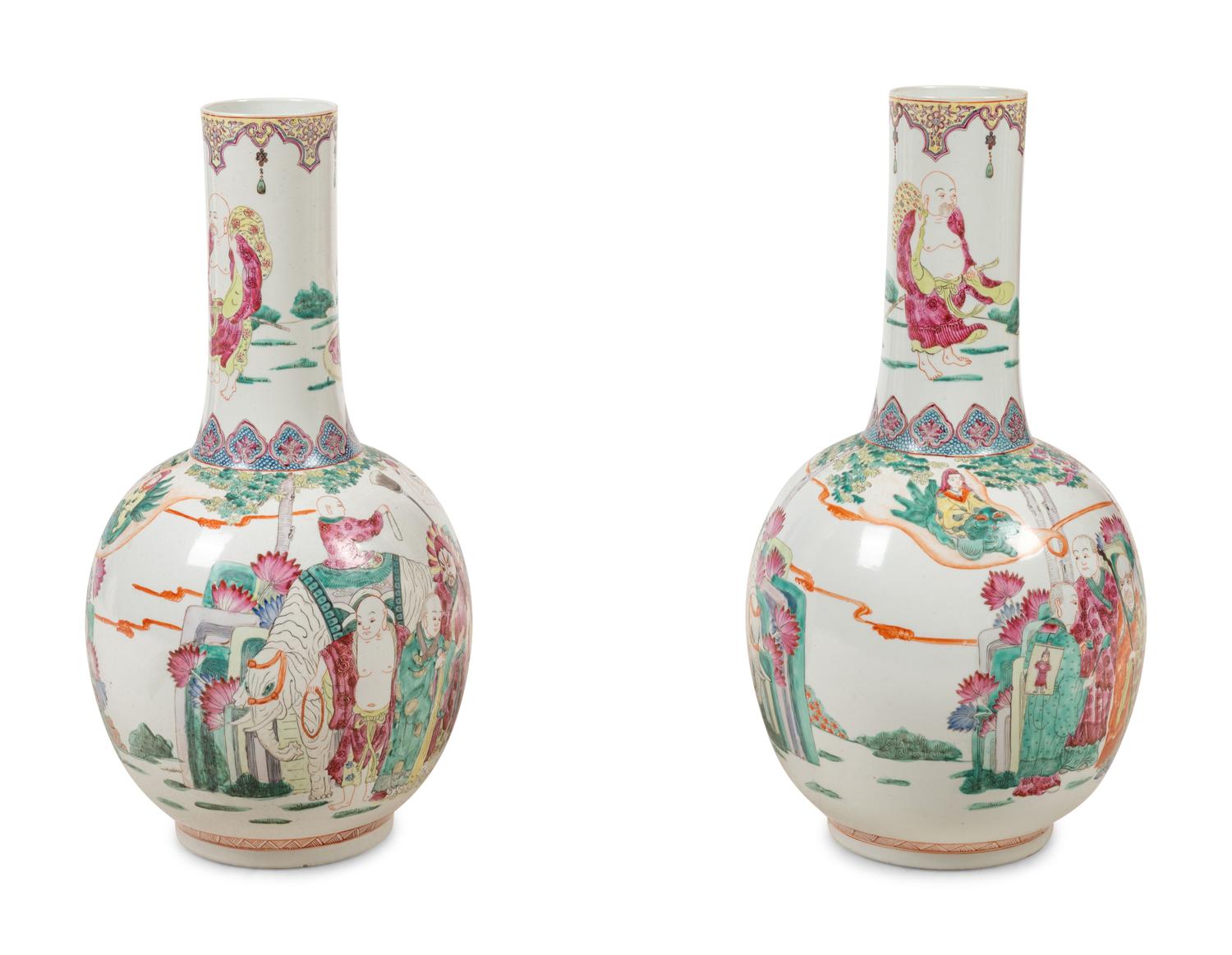A Pair of Large Chinese Famille Rose Porcelain Bottle Vases