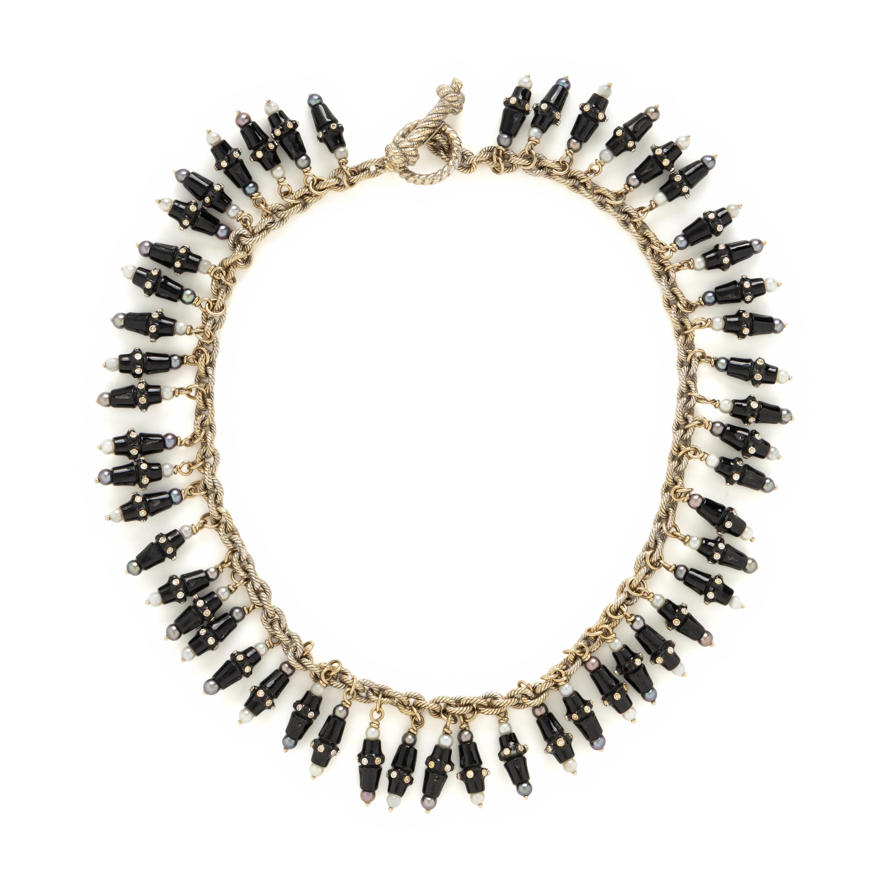 Mish, White Gold, Onyx, Diamond, and Cultured Pearl Necklace