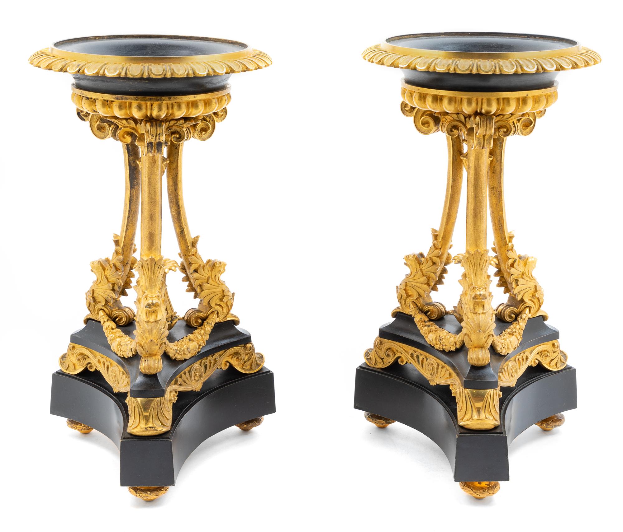 A Pair of Empire Style Gilt Bronze and Slate Candlesticks Height 14 1/8 inches. — 19TH CENTURY