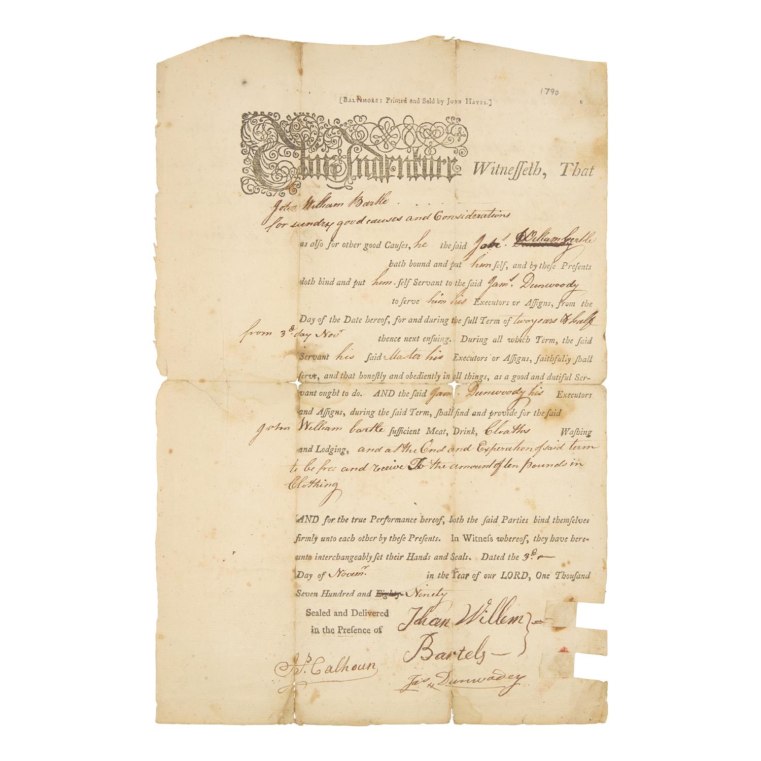 [Labor] Partially-Printed Indentured Servitude Agreement, Baltimore, 1790