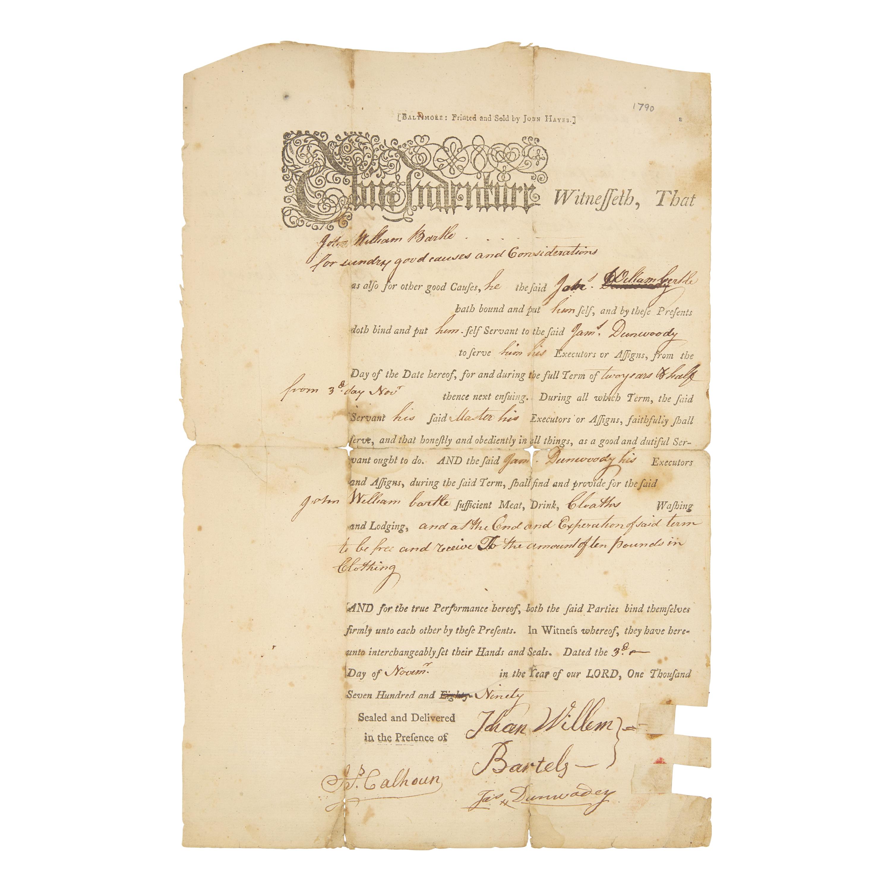 [Labor] Partially-Printed Indentured Servitude Agreement, Baltimore, 1790
