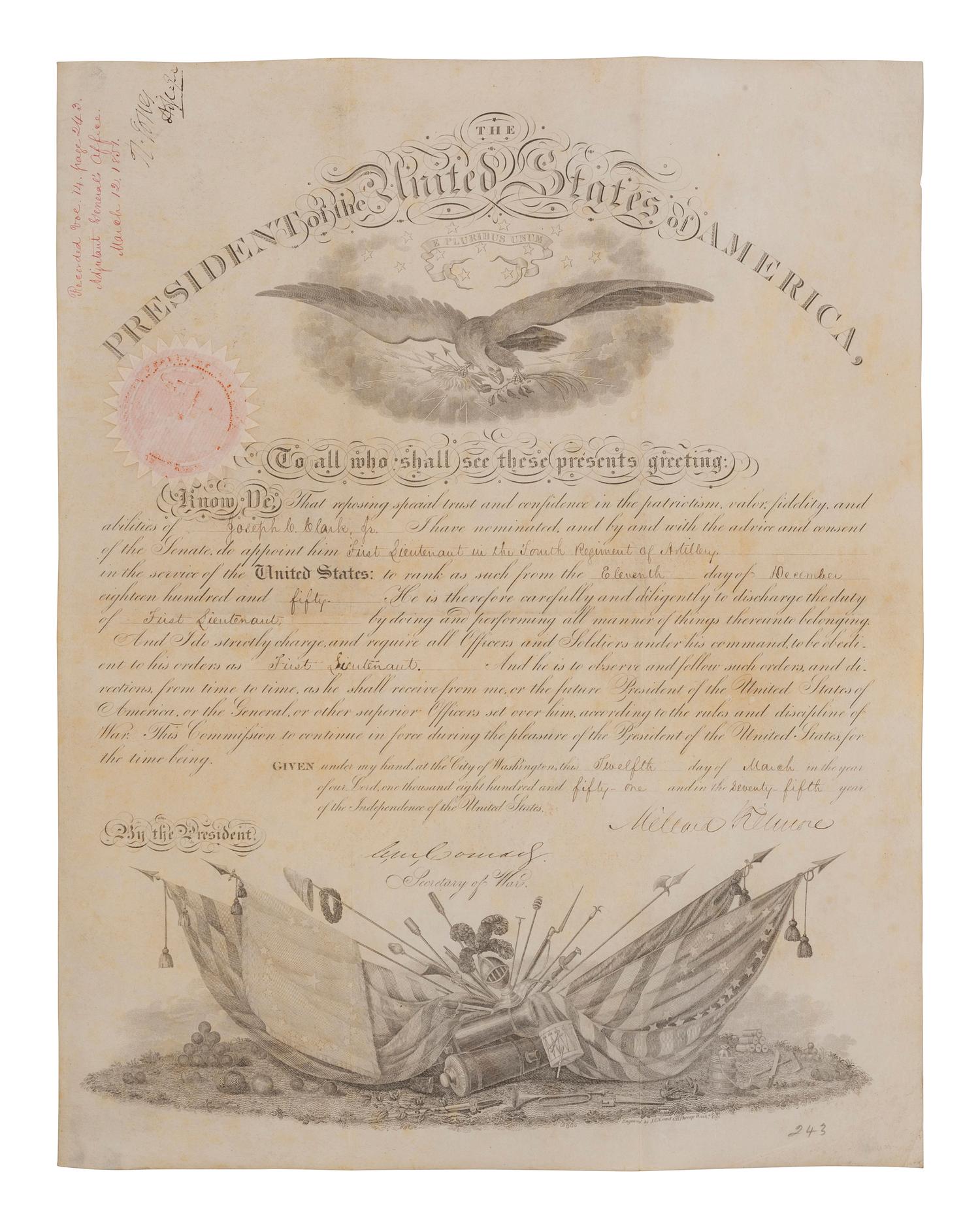 [WESTERN AMERICANA -- CIVIL WAR -- LINCOLN]. Papers of Captain Joseph Claypoole Clark, 4th US Light Artillery, Battery E, WIA Antietam, including frontier and Civil War correspondence, photography, and appointment signed by Lincoln as President.