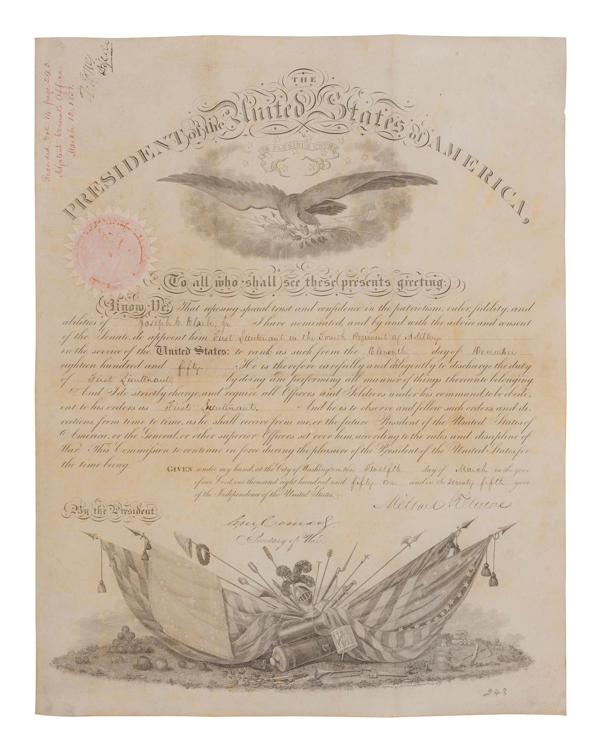 [WESTERN AMERICANA -- CIVIL WAR -- LINCOLN]. Papers of Captain Joseph Claypoole Clark, 4th US Light Artillery, Battery E, WIA Antietam, including frontier and Civil War correspondence, photography, and appointment signed by Lincoln as President.