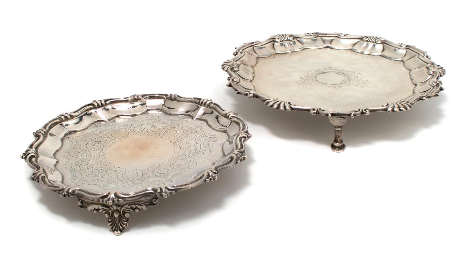 A Group of Two English Sterling Silver Salvers, Diameter 7 inches.